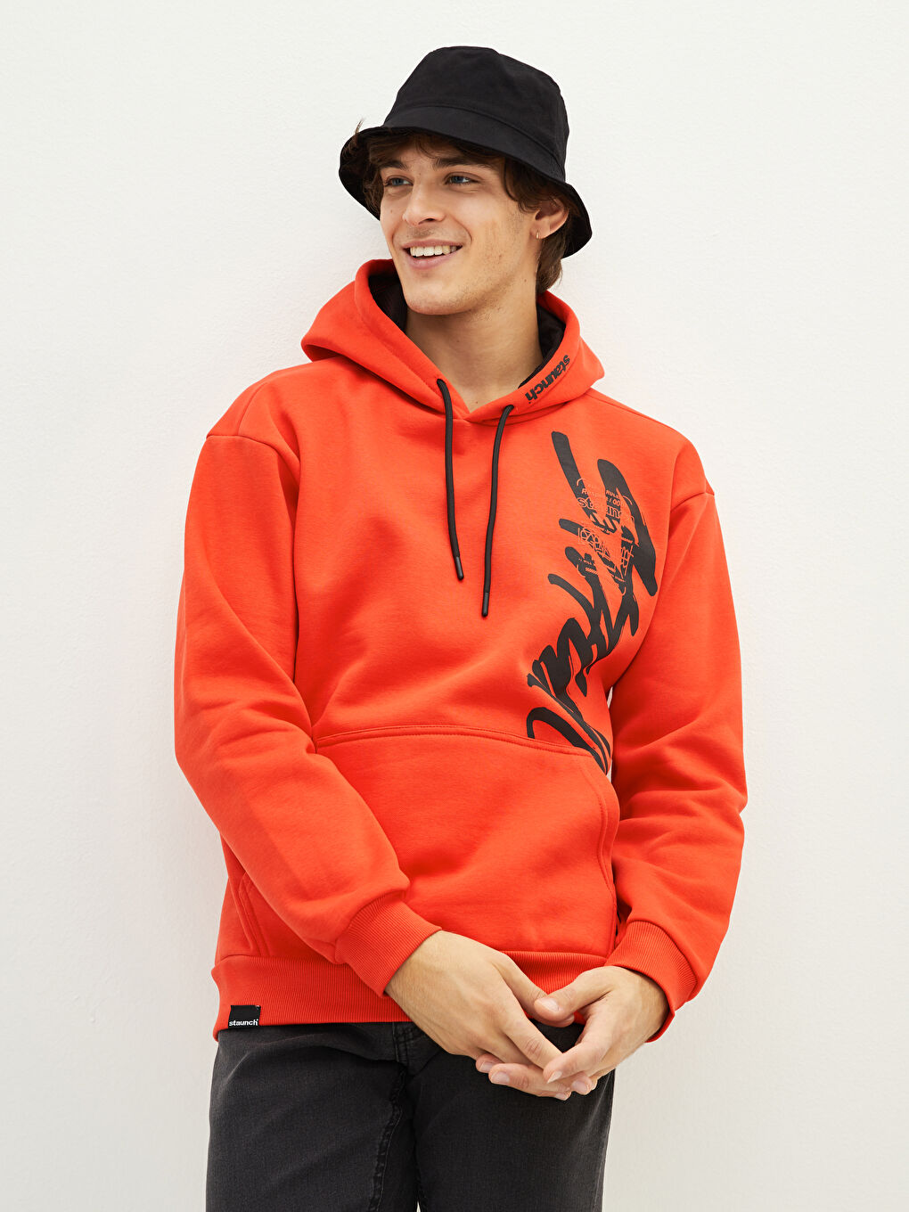 Kırmızı Uzun Kollu Baskılı Kalın Erkek Kalın Hoodie-5