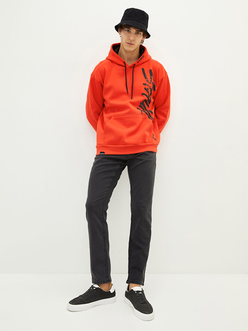 Kırmızı Uzun Kollu Baskılı Kalın Erkek Kalın Hoodie-6