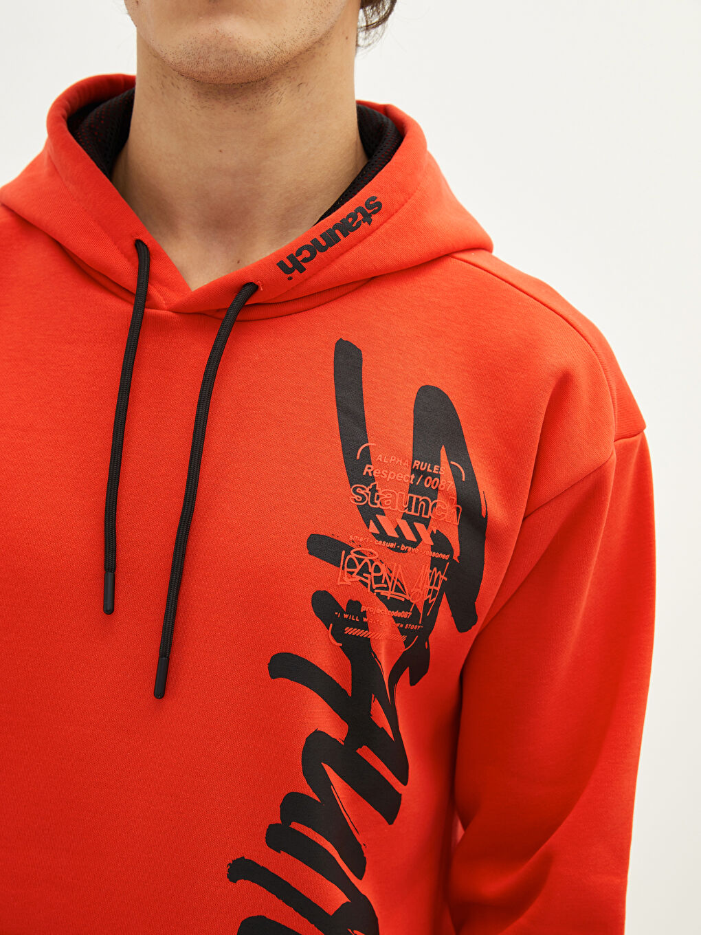 Kırmızı Uzun Kollu Baskılı Kalın Erkek Kalın Hoodie-7