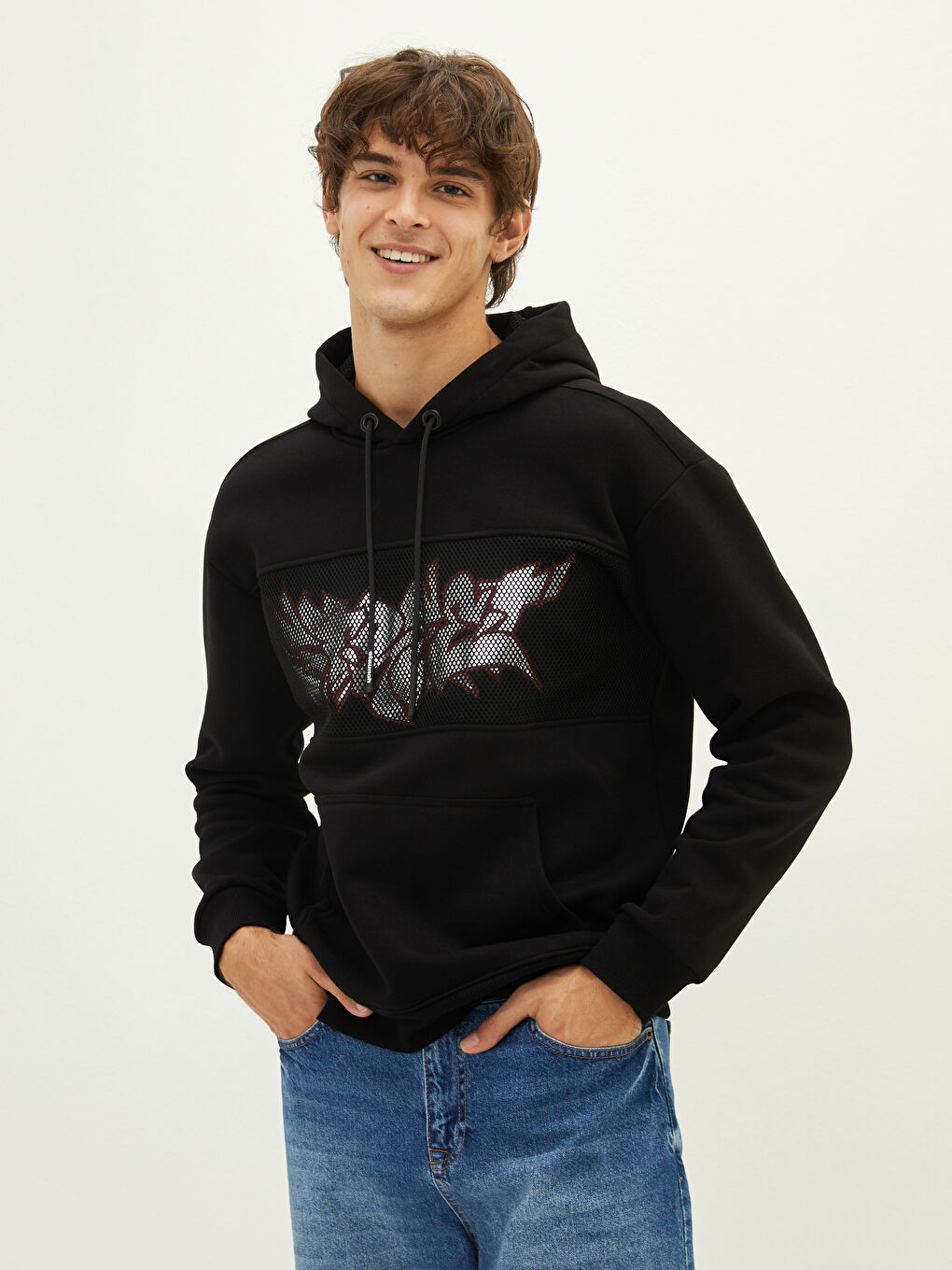 LCW Casual Siyah Uzun Kollu Baskılı Erkek Kalın Hoodie - 2