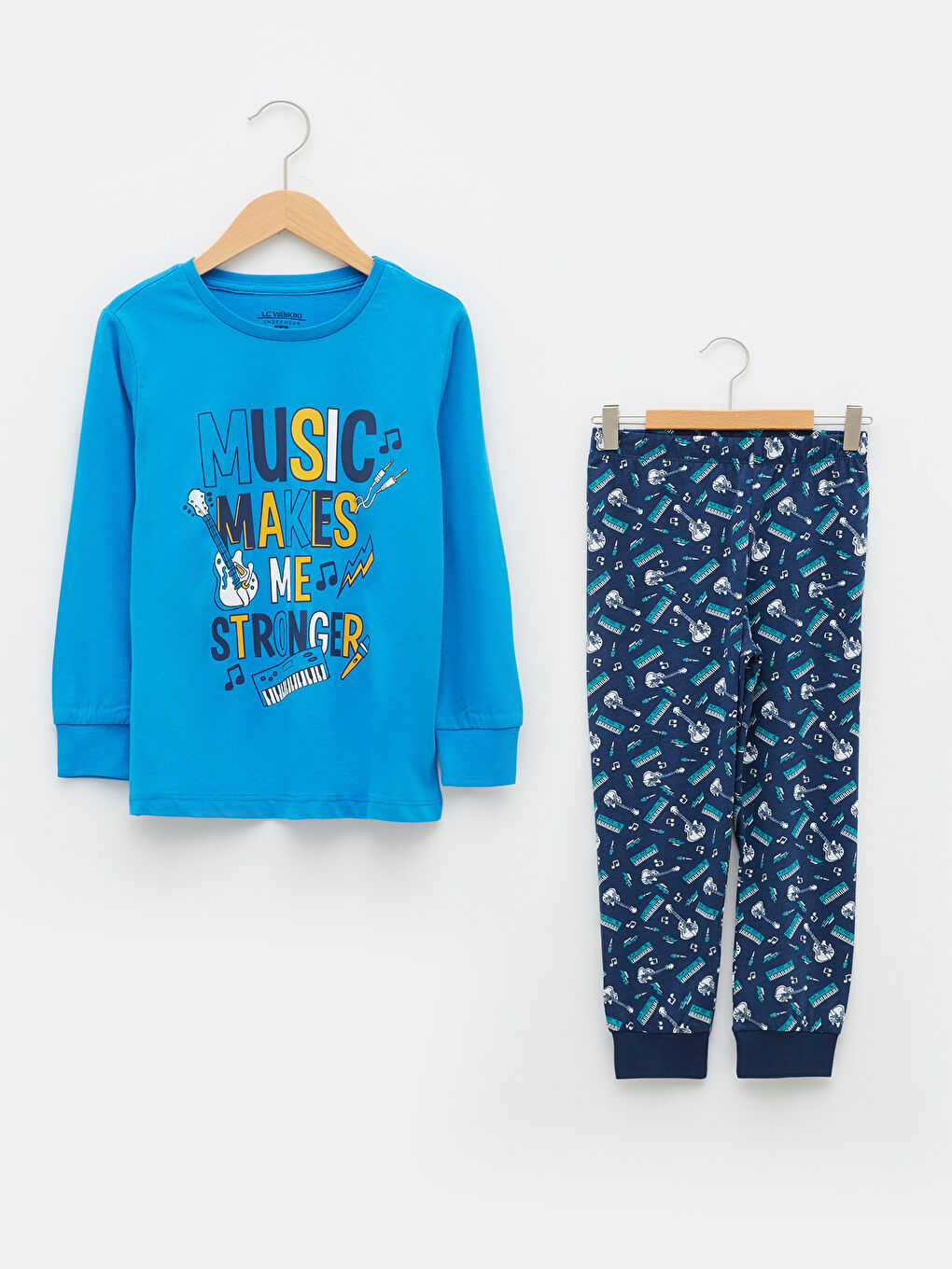 Mavi Bisiklet Yaka Baskılı Uzun Kollu Erkek Çocuk Pijama Takımı