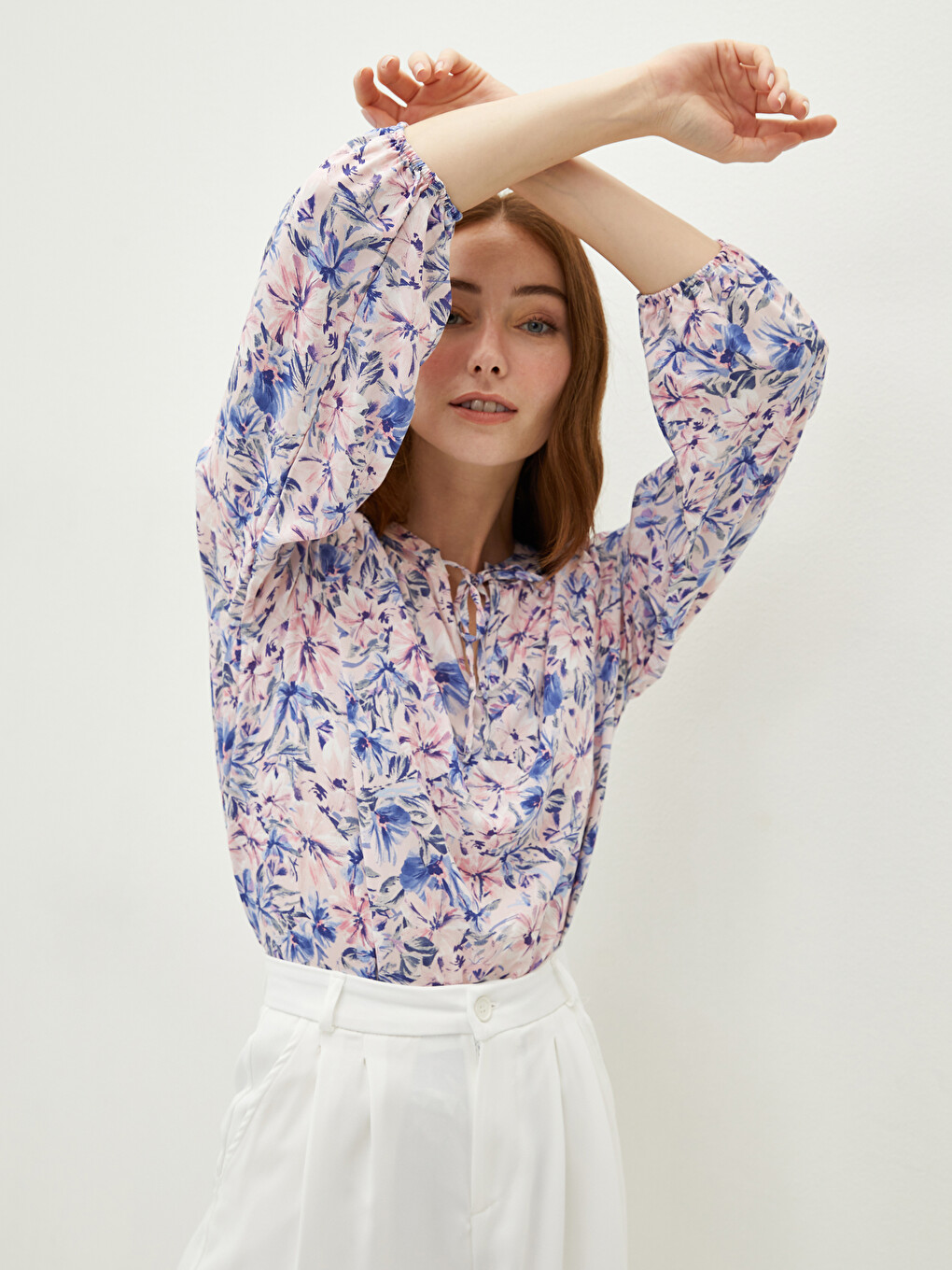 Tie Collar Floral Long Sleeve Viscose Women's Blouse-2