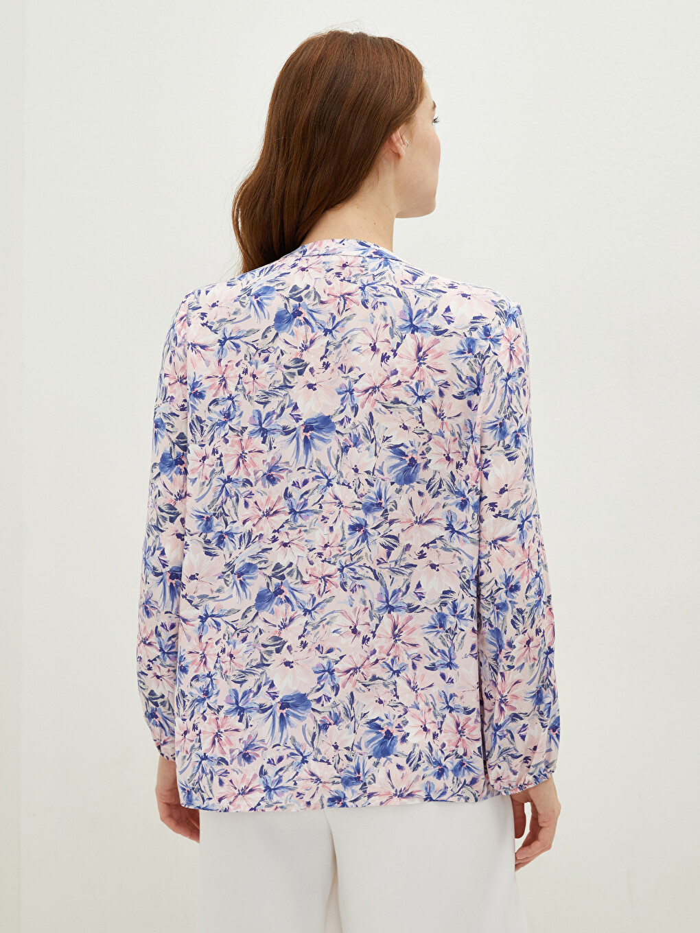 Tie Collar Floral Long Sleeve Viscose Women's Blouse-4