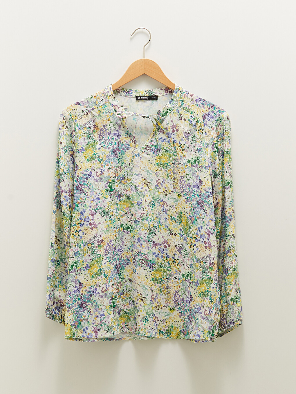 Tie Collar Printed Long Sleeve Viscose Women's Blouse-5
