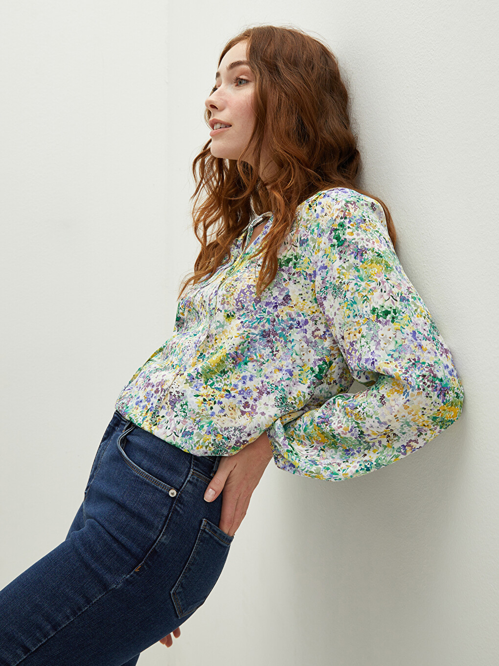 Tie Collar Printed Long Sleeve Viscose Women's Blouse-2