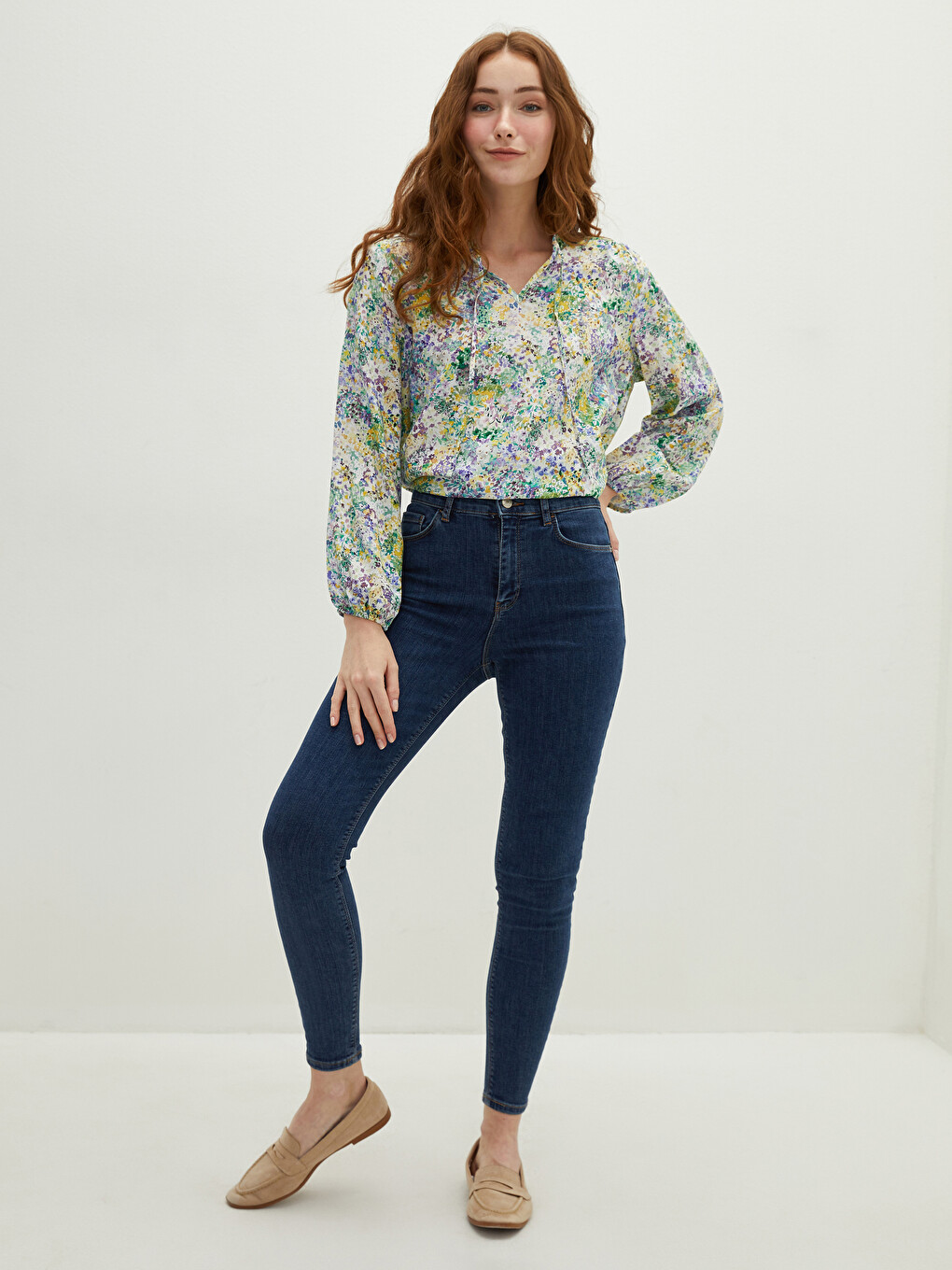 Tie Collar Printed Long Sleeve Viscose Women's Blouse-3