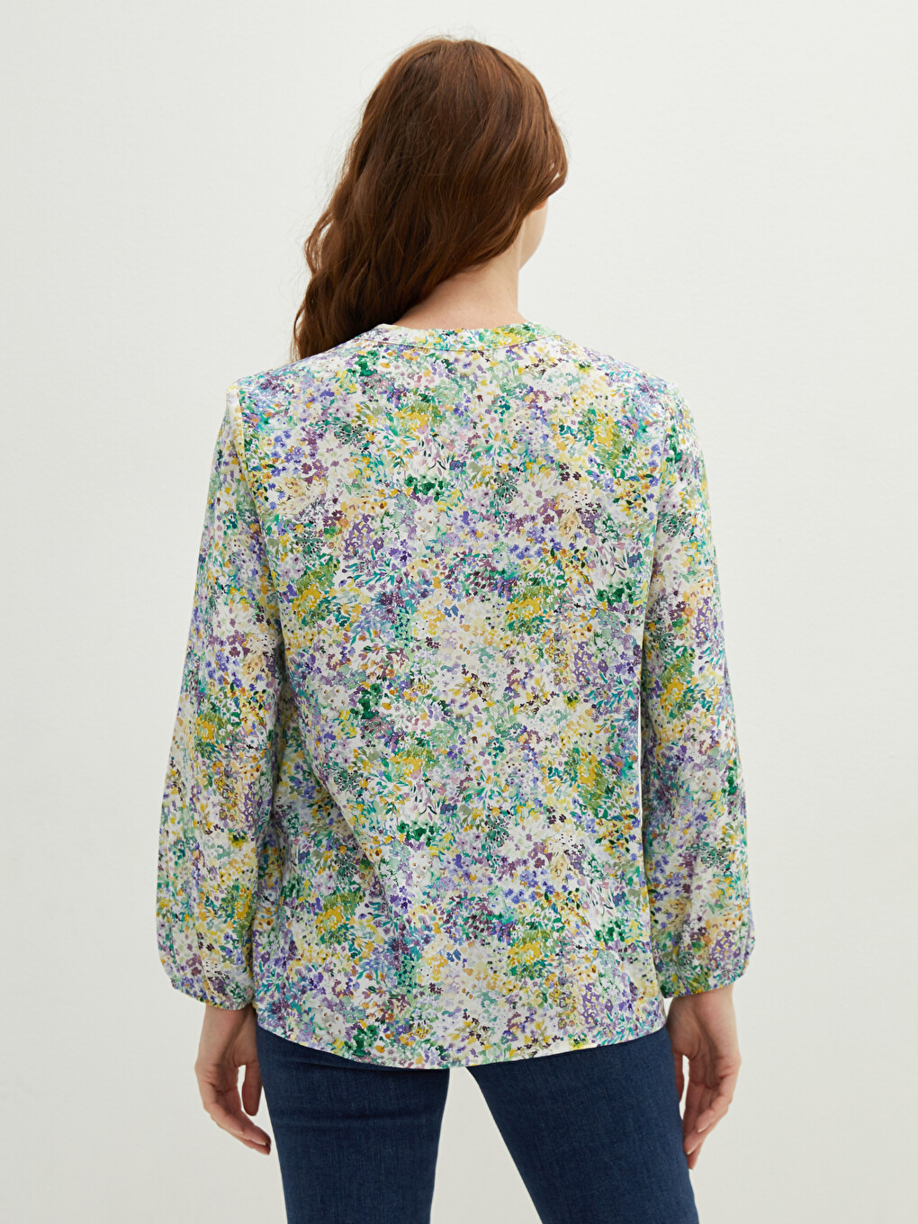 Tie Collar Printed Long Sleeve Viscose Women's Blouse-4