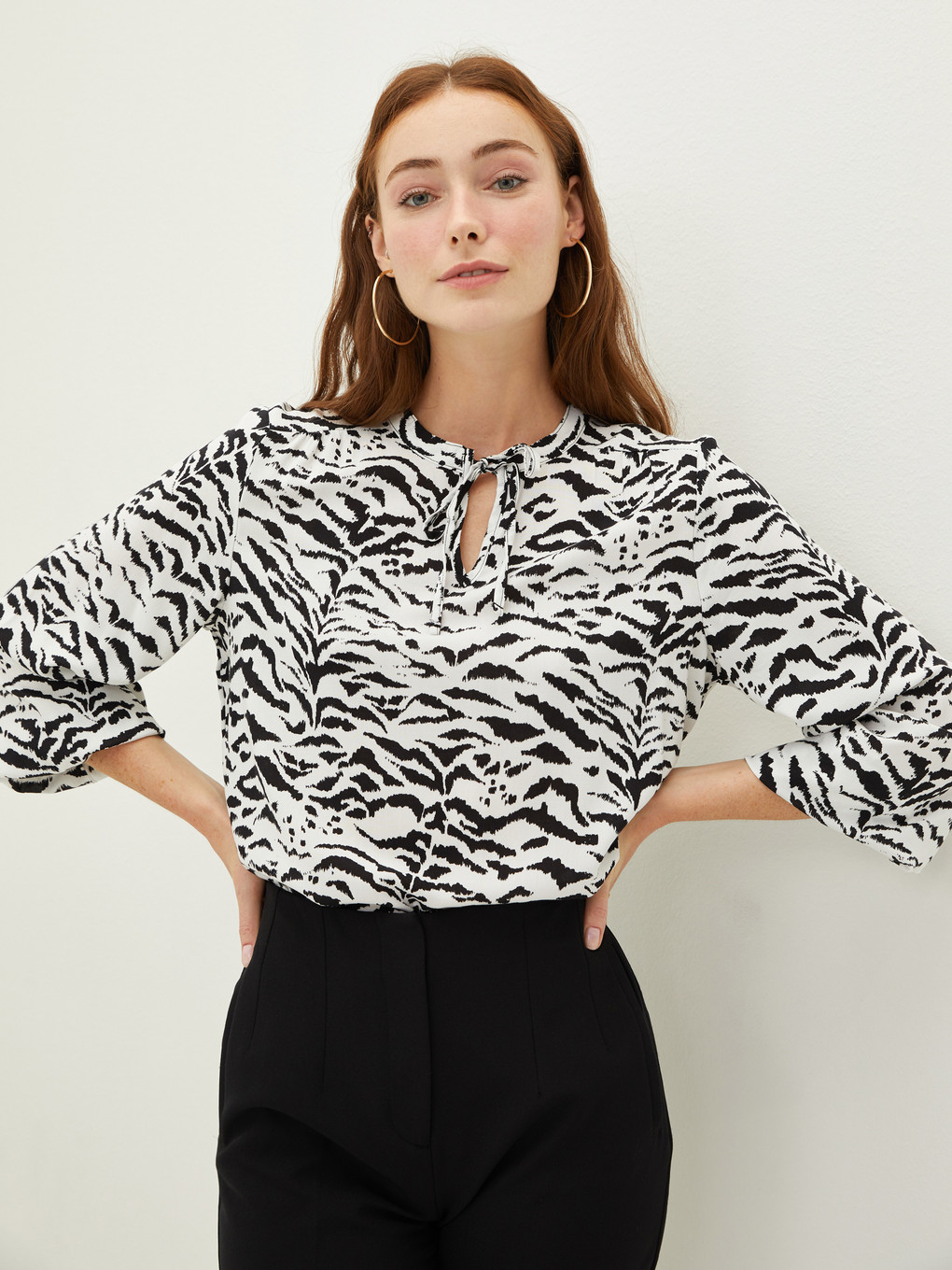 Tie Collar Printed Long Sleeve Viscose Women's Blouse