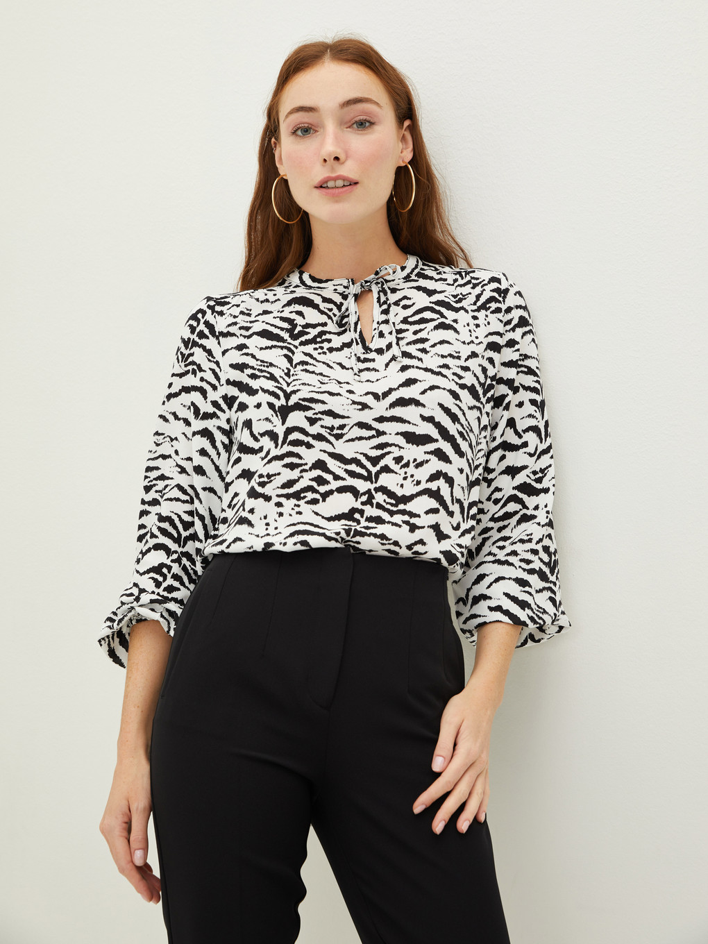 Tie Collar Printed Long Sleeve Viscose Women's Blouse-1