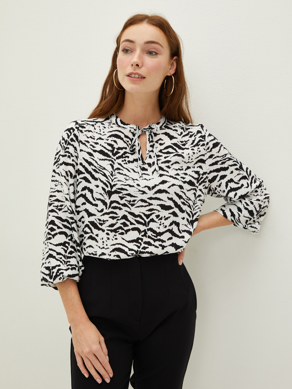 Tie Collar Printed Long Sleeve Viscose Women's Blouse-2