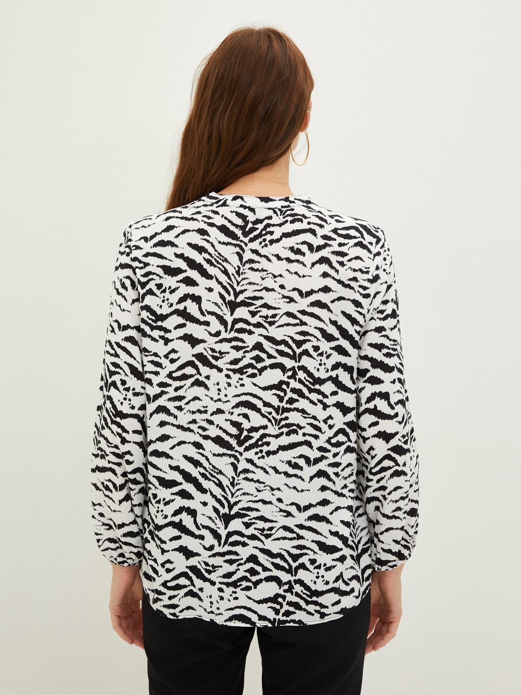 Tie Collar Printed Long Sleeve Viscose Women's Blouse-4