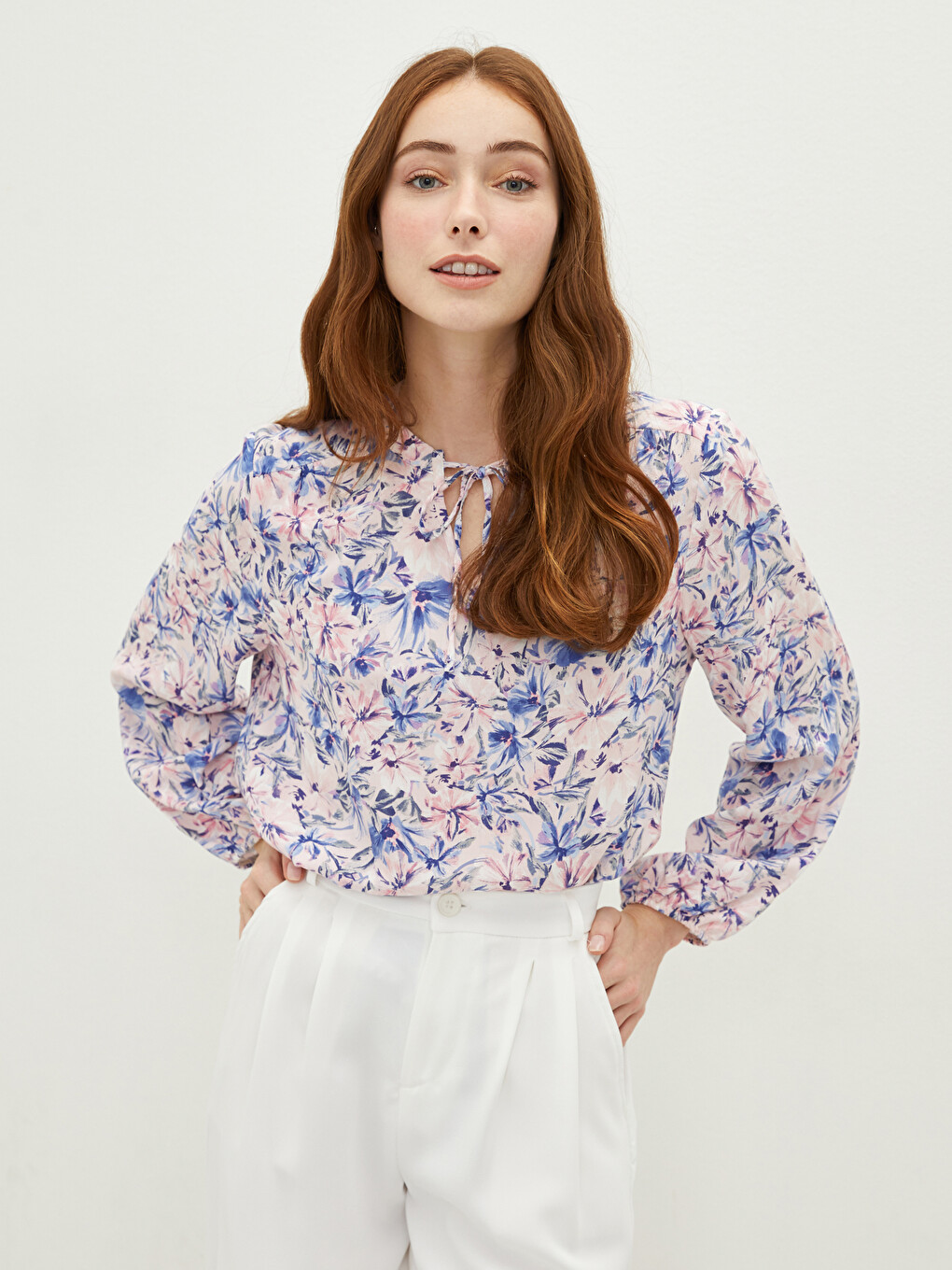 Tie Collar Floral Long Sleeve Viscose Women's Blouse-1