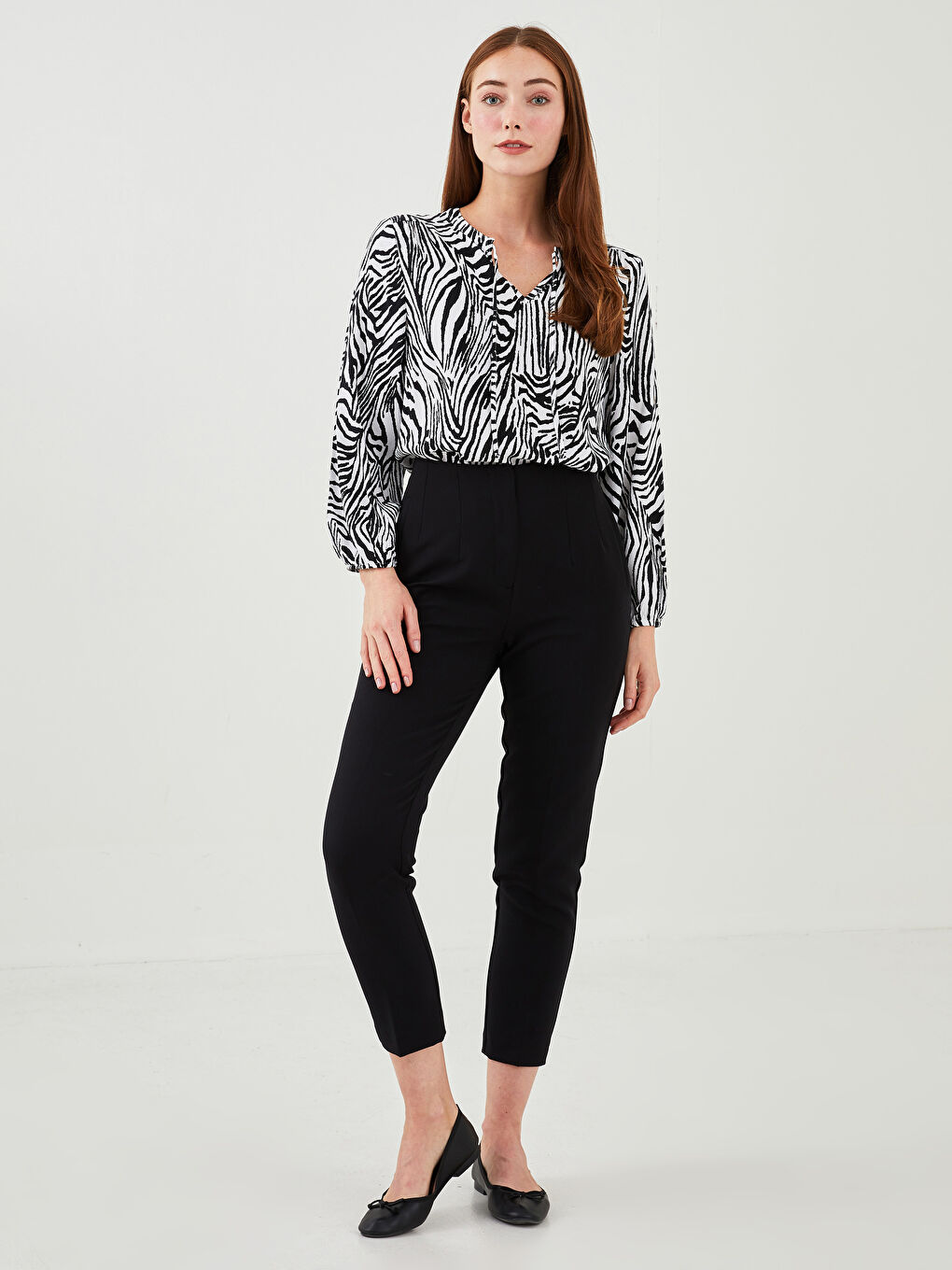 Блузка из вискозы с узором, с длинным рукавом и воротником на завязках для женщин-3