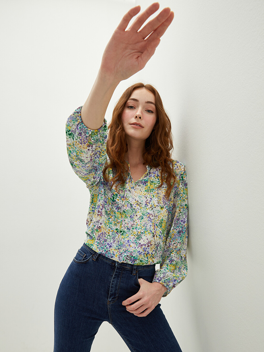 Tie Collar Printed Long Sleeve Viscose Women's Blouse-1