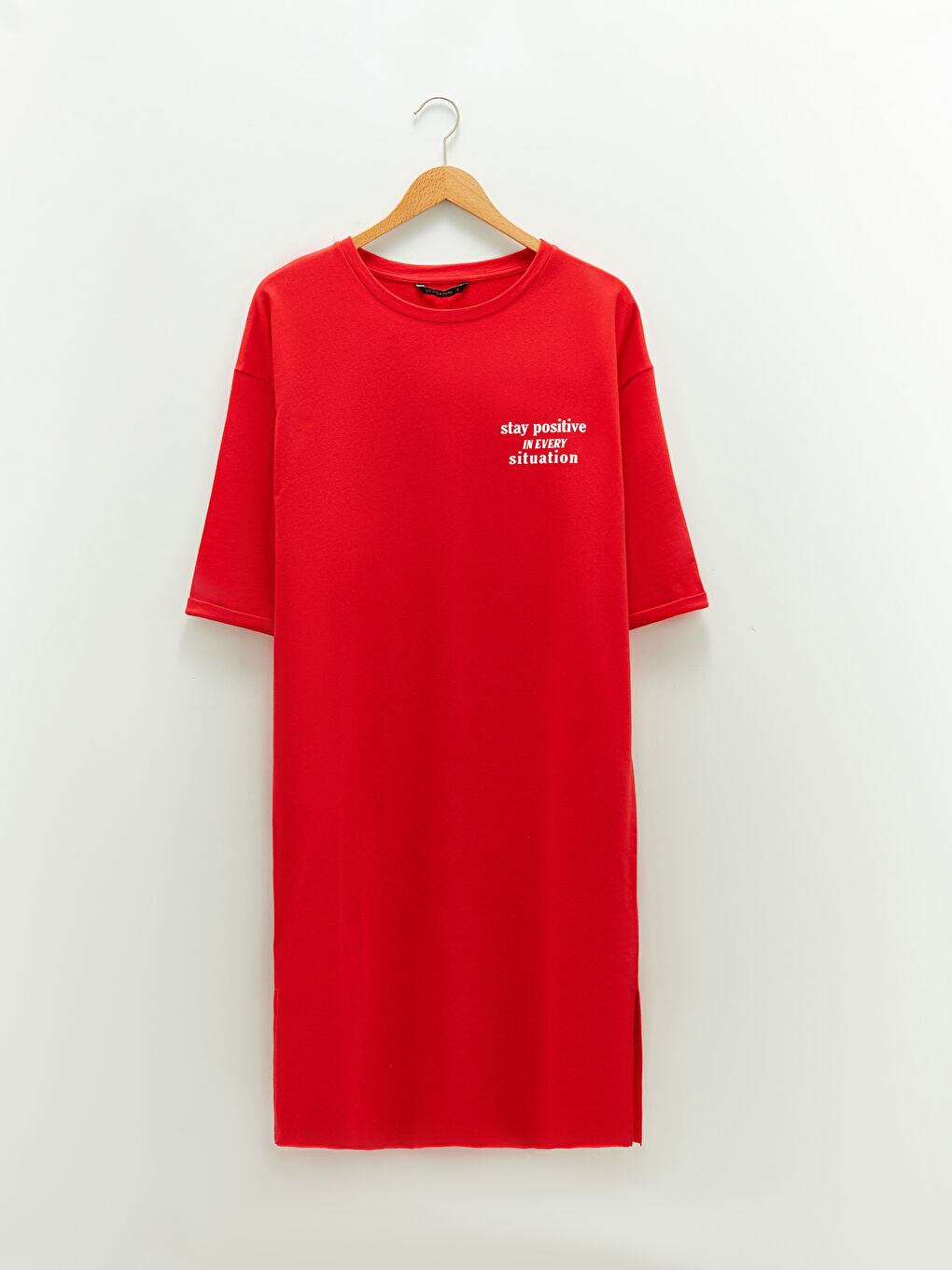 Kırmızı Bisiklet Yaka Baskılı Kısa Kollu Pamuklu Kadın Elbise-5