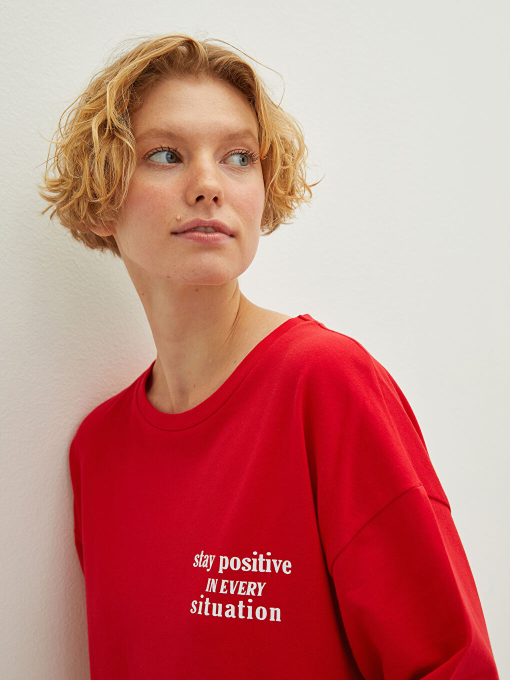 Kırmızı Bisiklet Yaka Baskılı Kısa Kollu Pamuklu Kadın Elbise-2