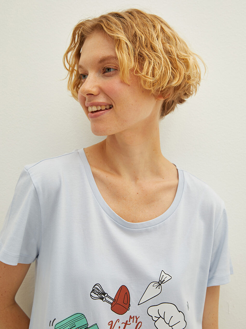 Mavi Bisiklet Yaka Baskılı Kısa Kollu Pamuklu Kadın Gecelik-2