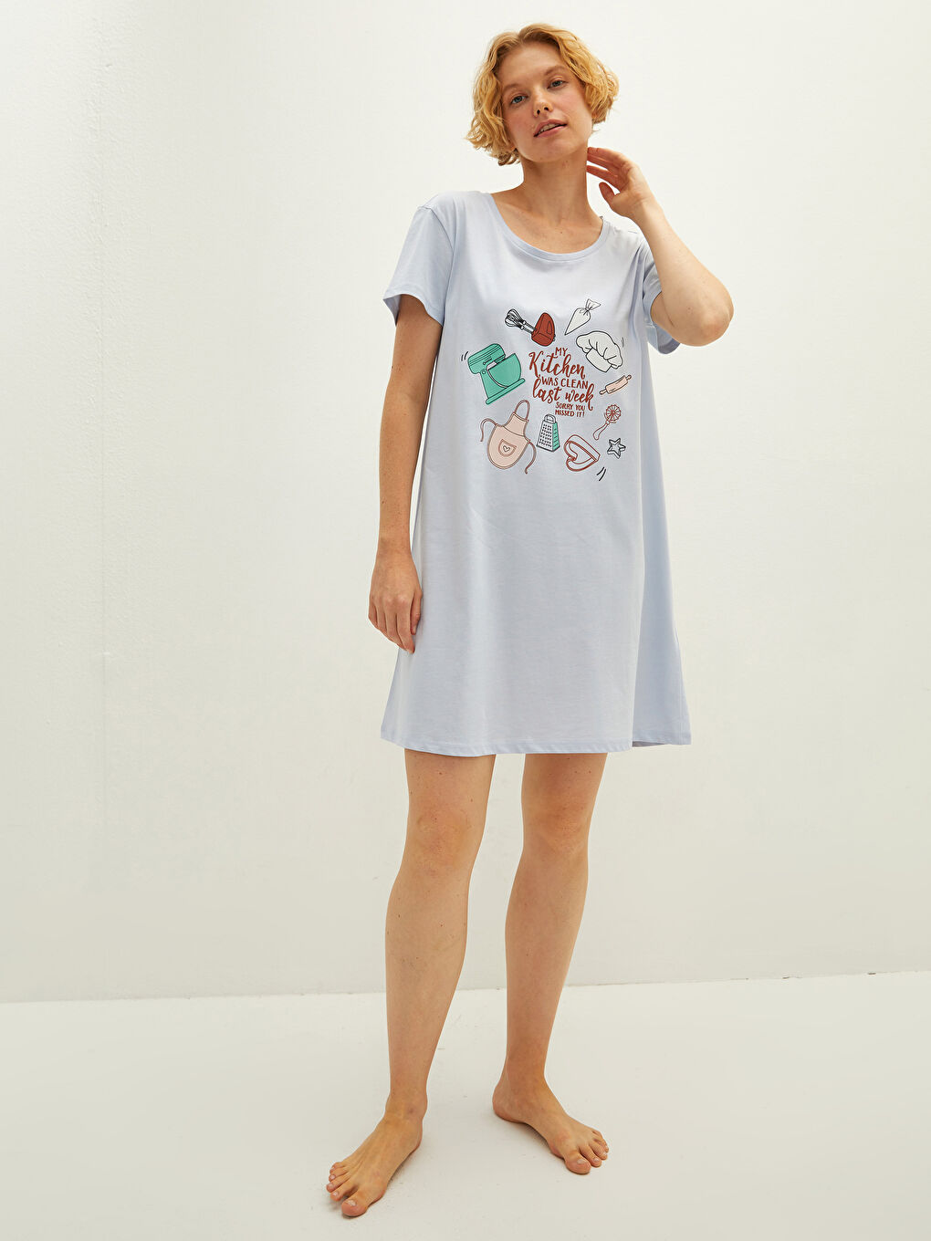 Mavi Bisiklet Yaka Baskılı Kısa Kollu Pamuklu Kadın Gecelik-3