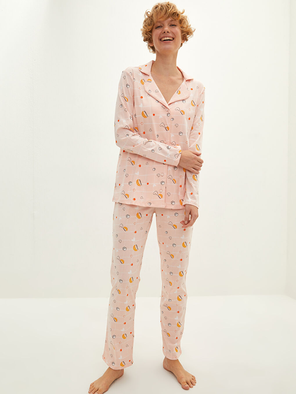 Set de pijama din bumbac cu mânecă lungă imprimat și guler de cămașă pentru femei