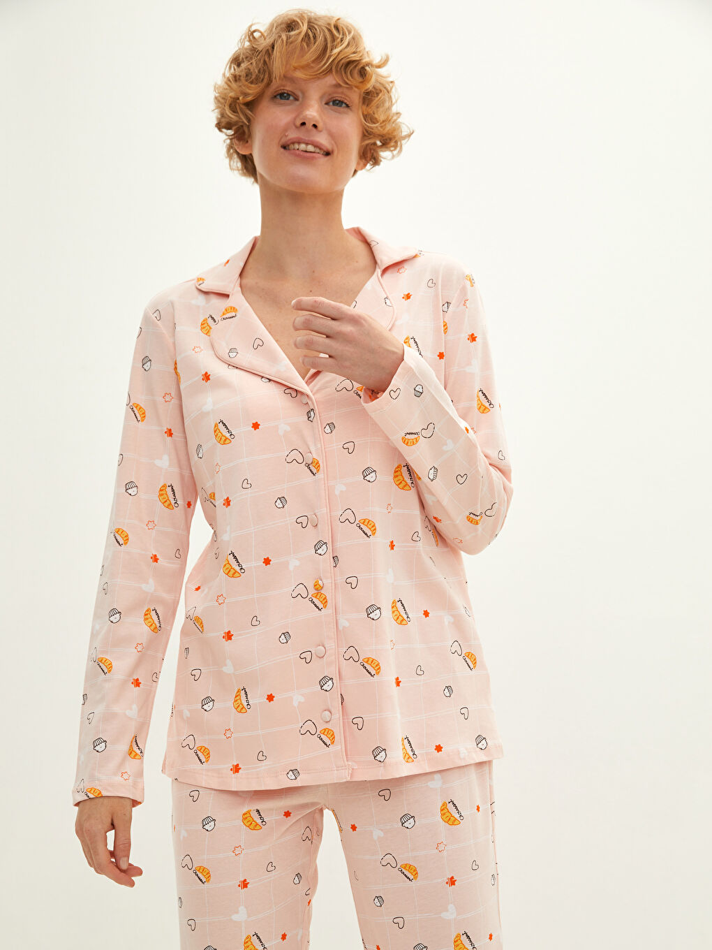 Set de pijama din bumbac cu mânecă lungă imprimat și guler de cămașă pentru femei-1