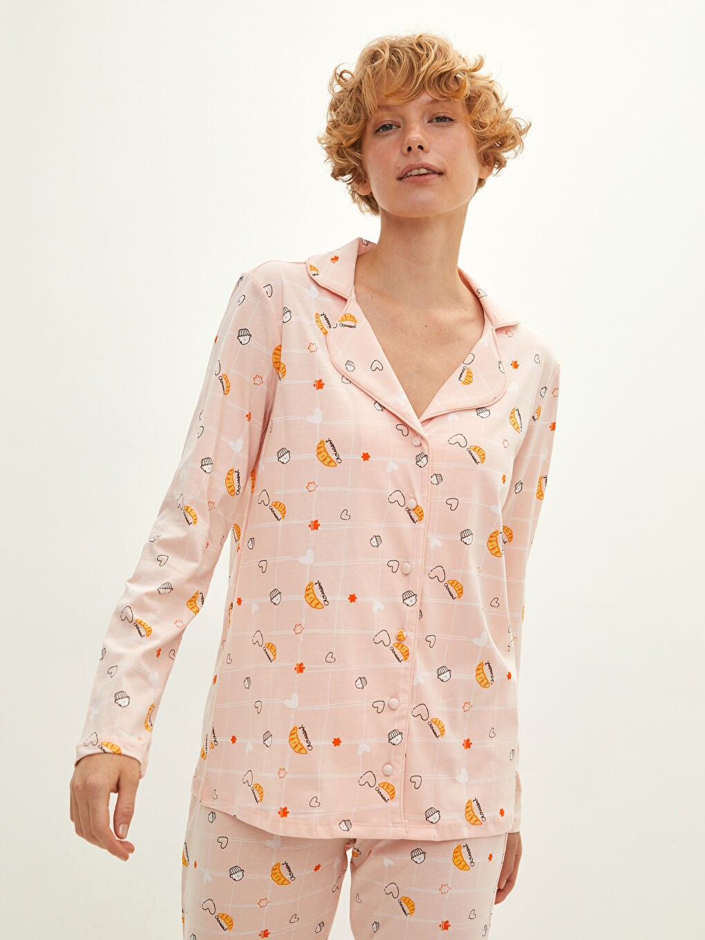 Set de pijama din bumbac cu mânecă lungă imprimat și guler de cămașă pentru femei-2