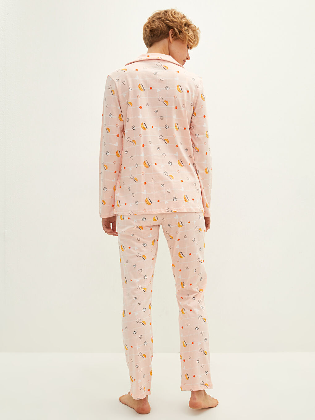 Set de pijama din bumbac cu mânecă lungă imprimat și guler de cămașă pentru femei-4