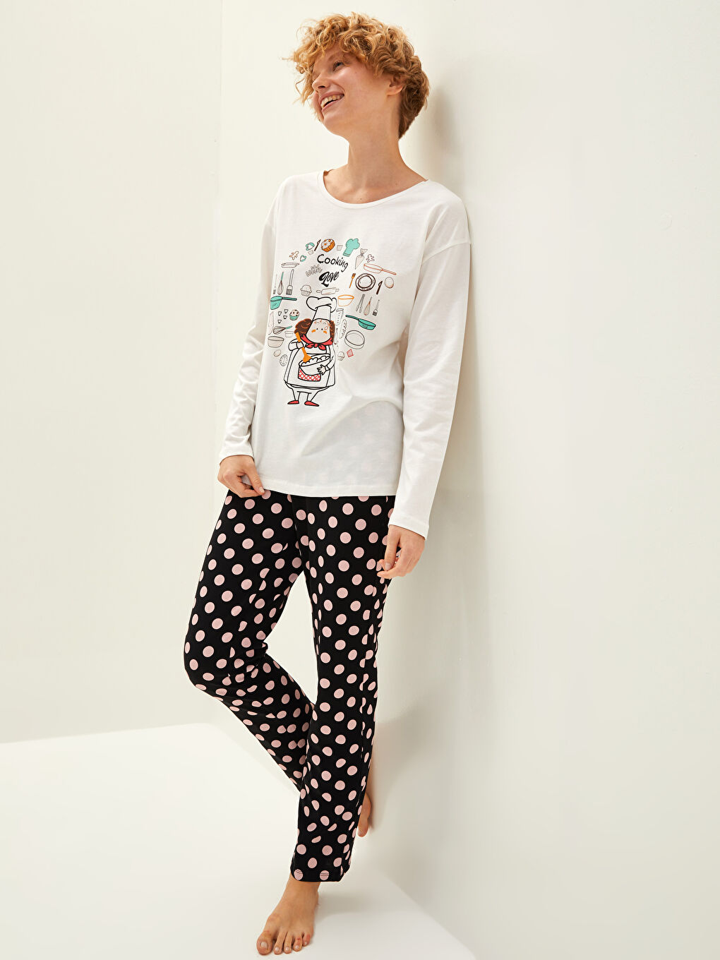 Crew Neck Printed Long Sleeve Cotton Women's Pajama Set