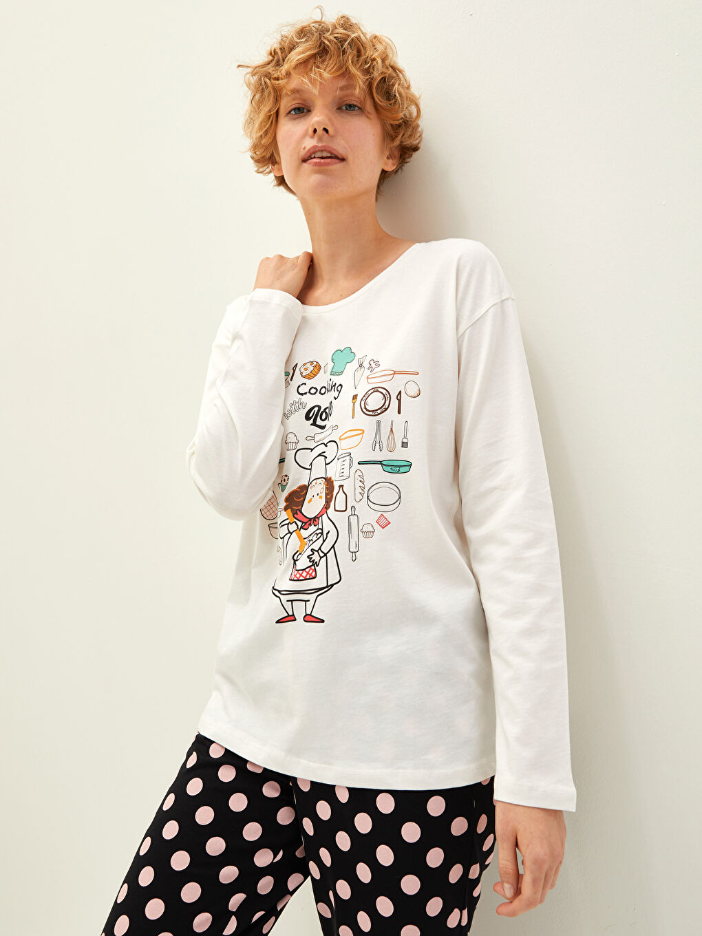 Crew Neck Printed Long Sleeve Cotton Women's Pajama Set-3