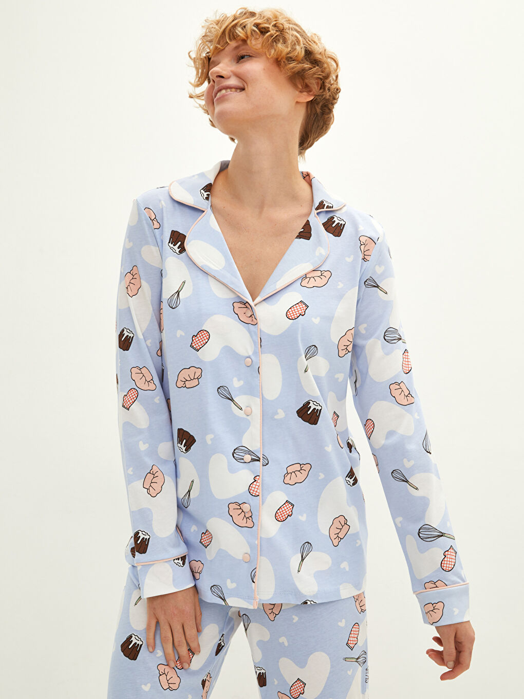 طقم بيجامة قميص بياقة كم طويل مطبوع قطن للسيدات