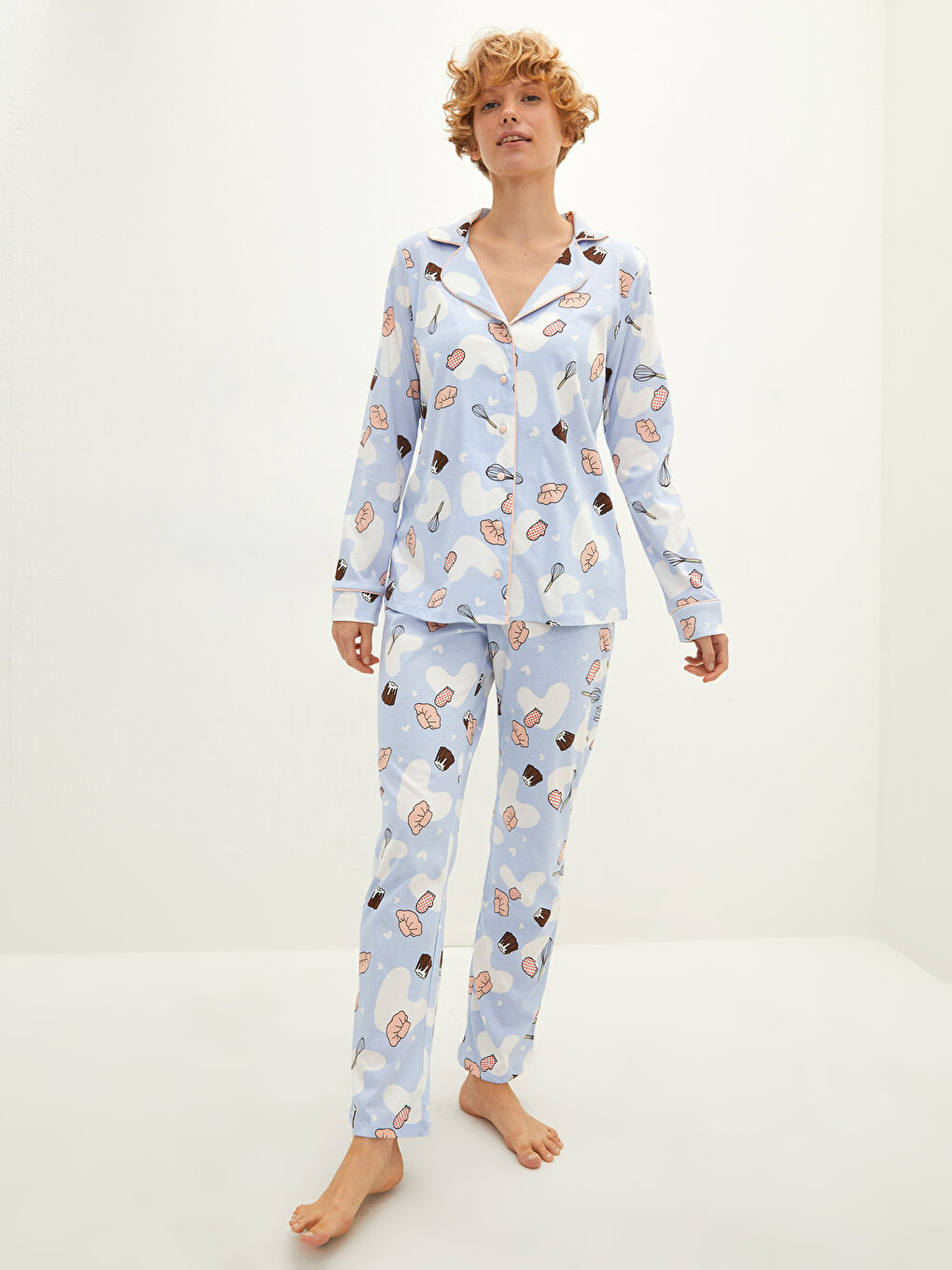 طقم بيجامة قميص بياقة كم طويل مطبوع قطن للسيدات-2