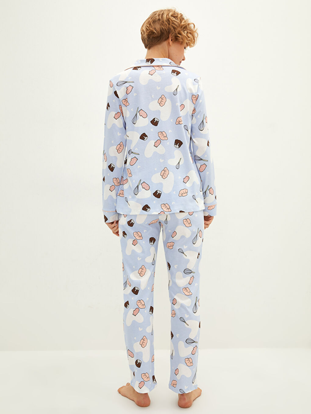 طقم بيجامة قميص بياقة كم طويل مطبوع قطن للسيدات-4