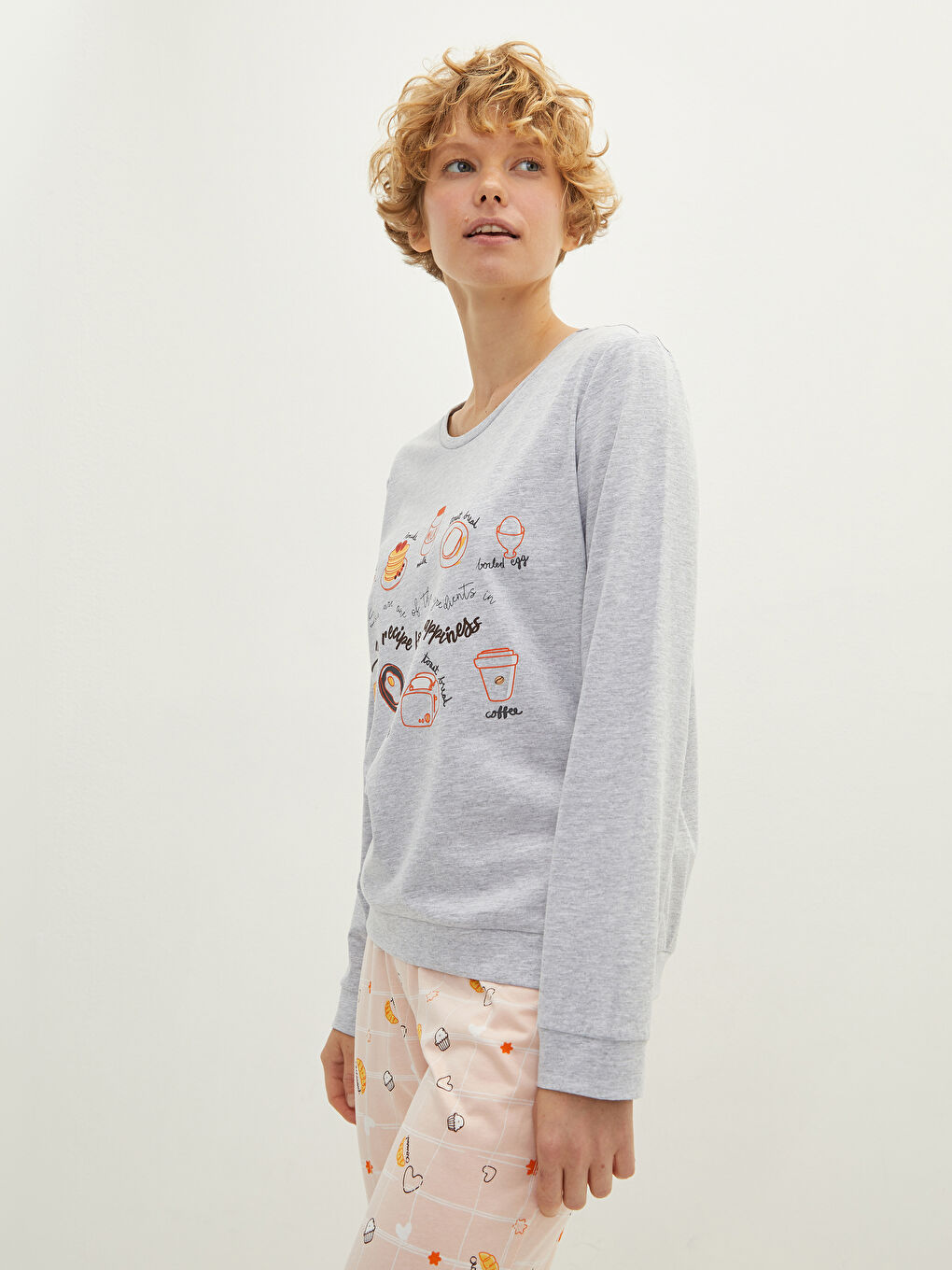 Pembe Bisiklet Yaka Baskılı Uzun Kollu Kadın Pijama Takımı-2