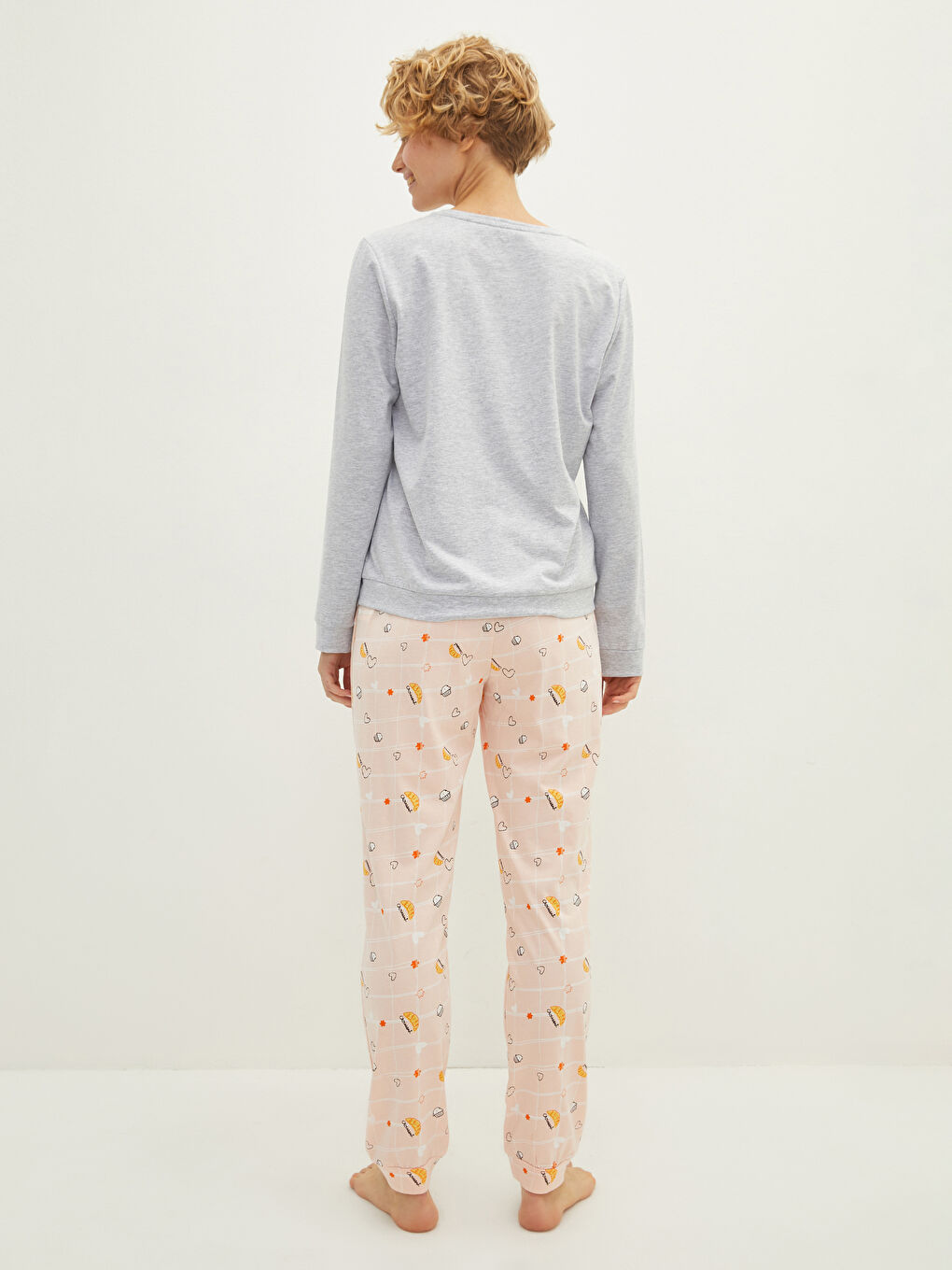 Pembe Bisiklet Yaka Baskılı Uzun Kollu Kadın Pijama Takımı-4