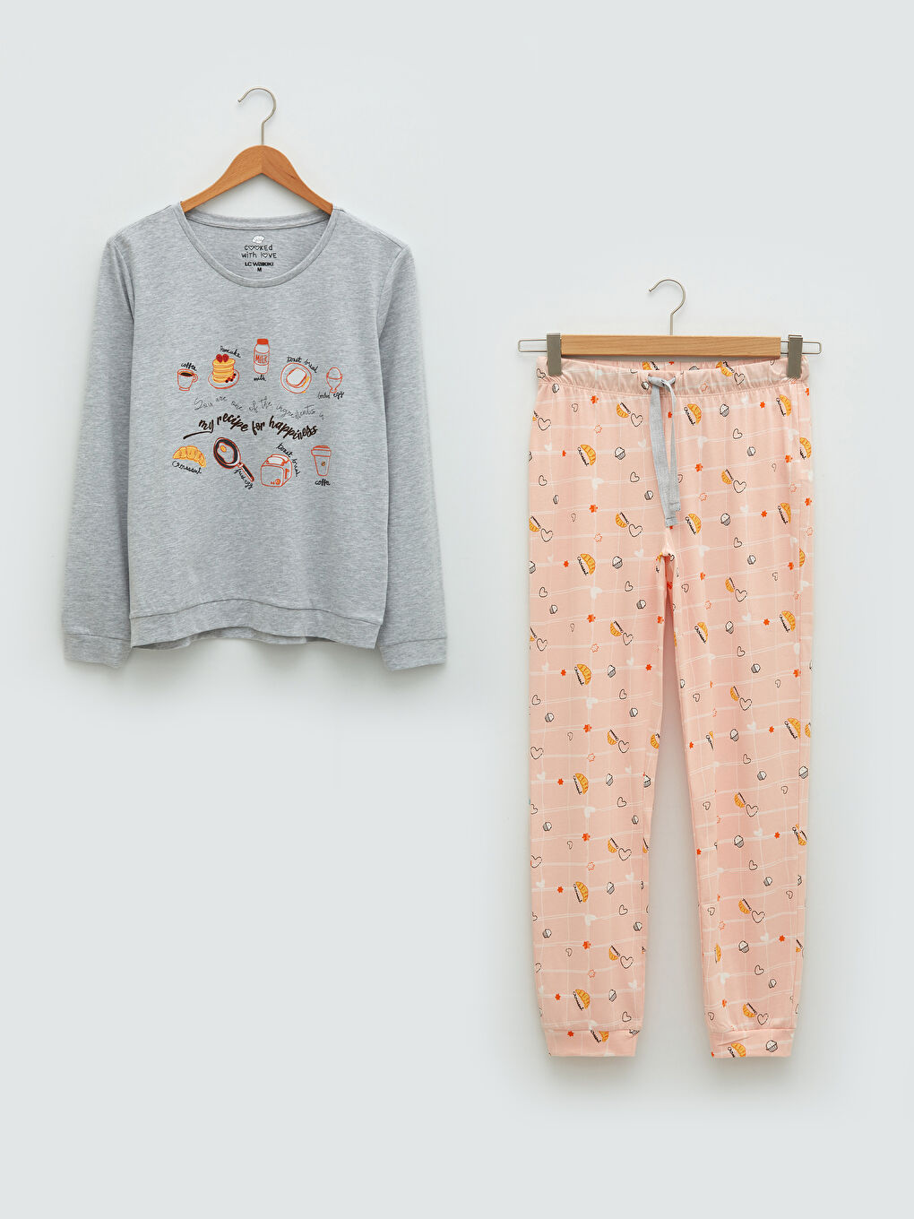 Pembe Bisiklet Yaka Baskılı Uzun Kollu Kadın Pijama Takımı-5