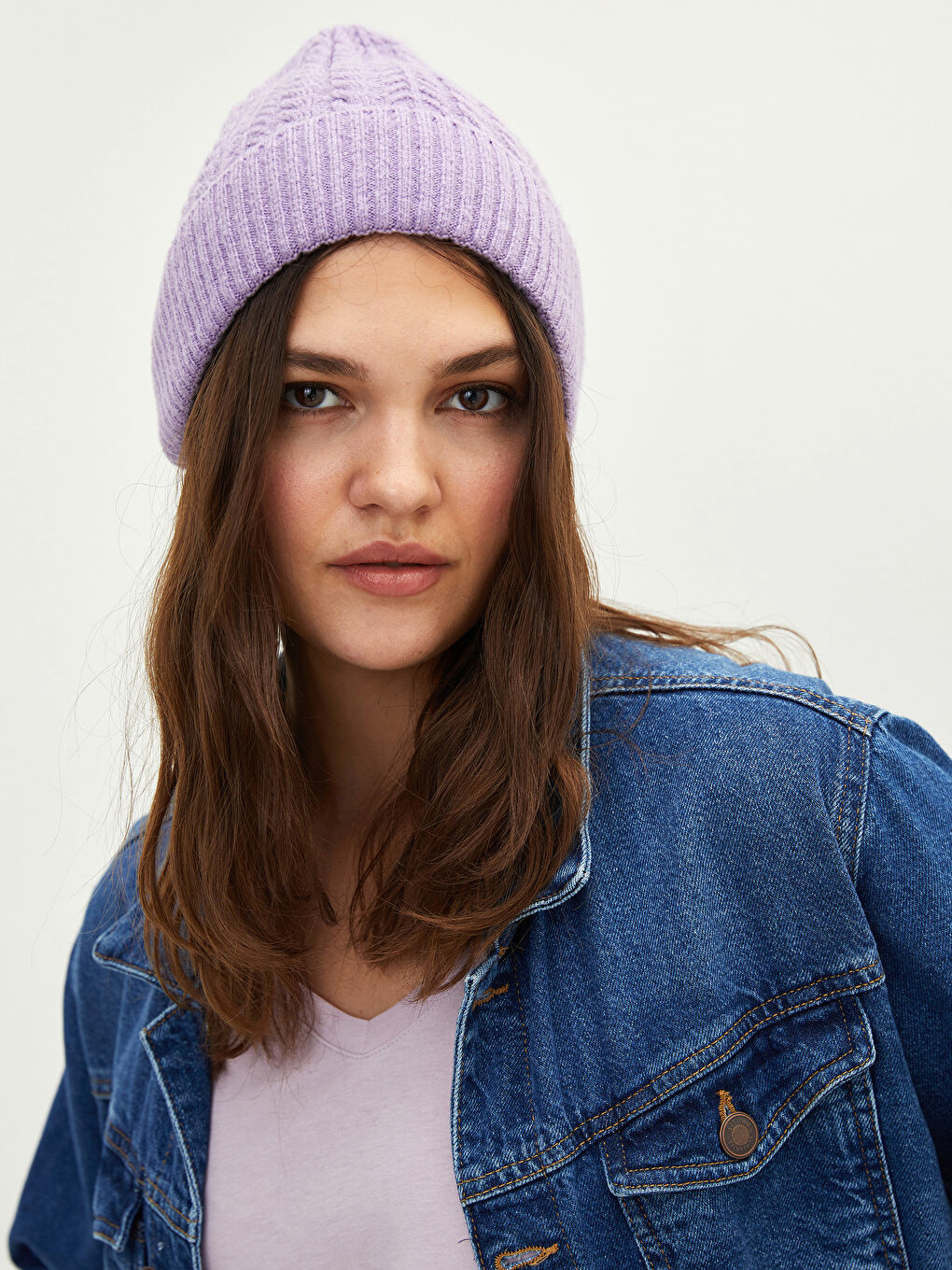 Lila Katlamalı Kadın Triko Bere-2