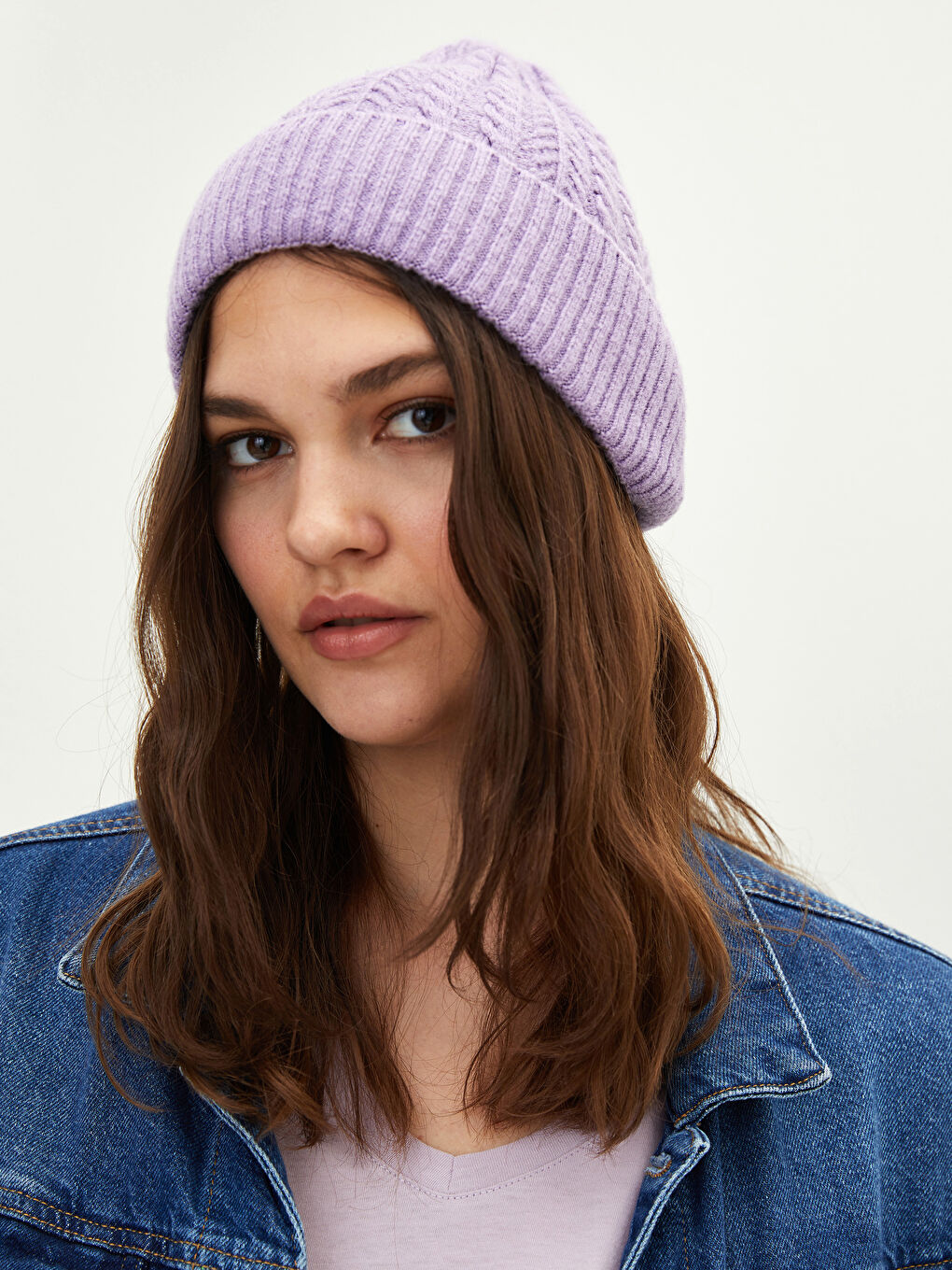 Lila Katlamalı Kadın Triko Bere-3