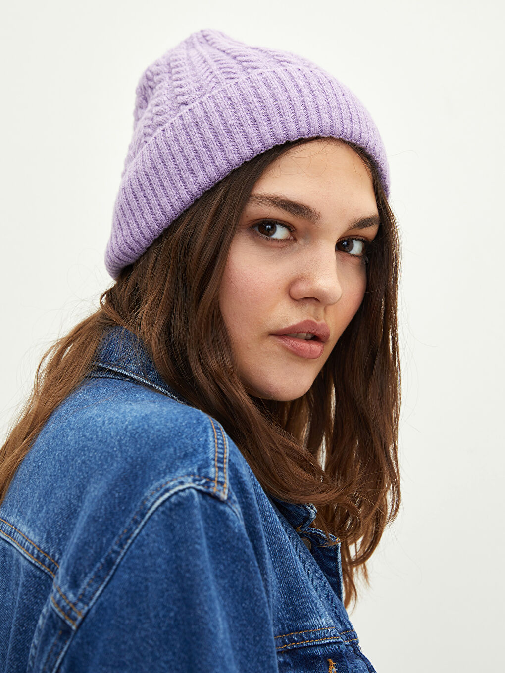 Lila Katlamalı Kadın Triko Bere-1