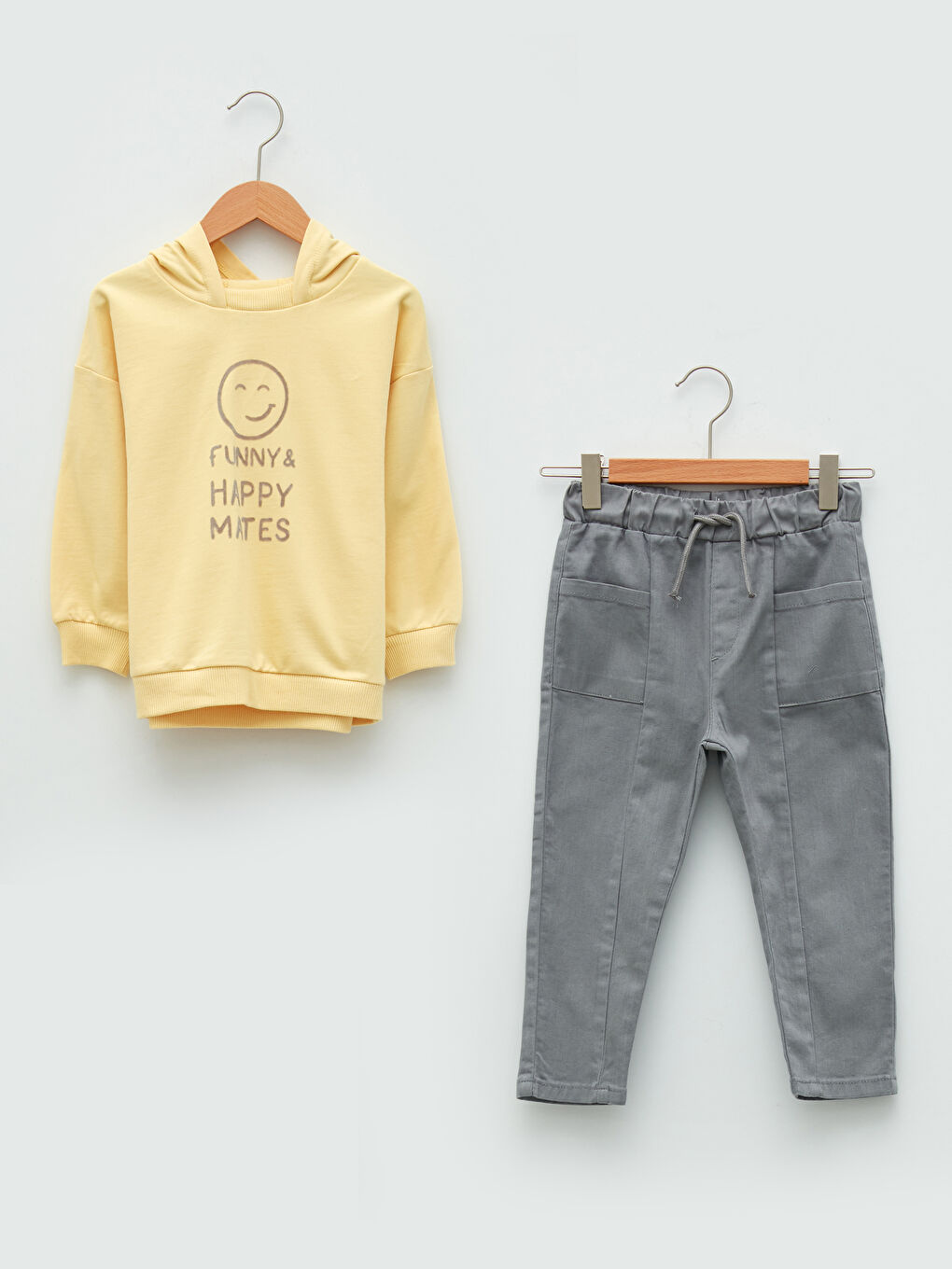 Sarı Kapüşonlu Uzun Kollu Baskılı Pamuklu Erkek Bebek Sweatshirt ve Pantolon 2'li Takım