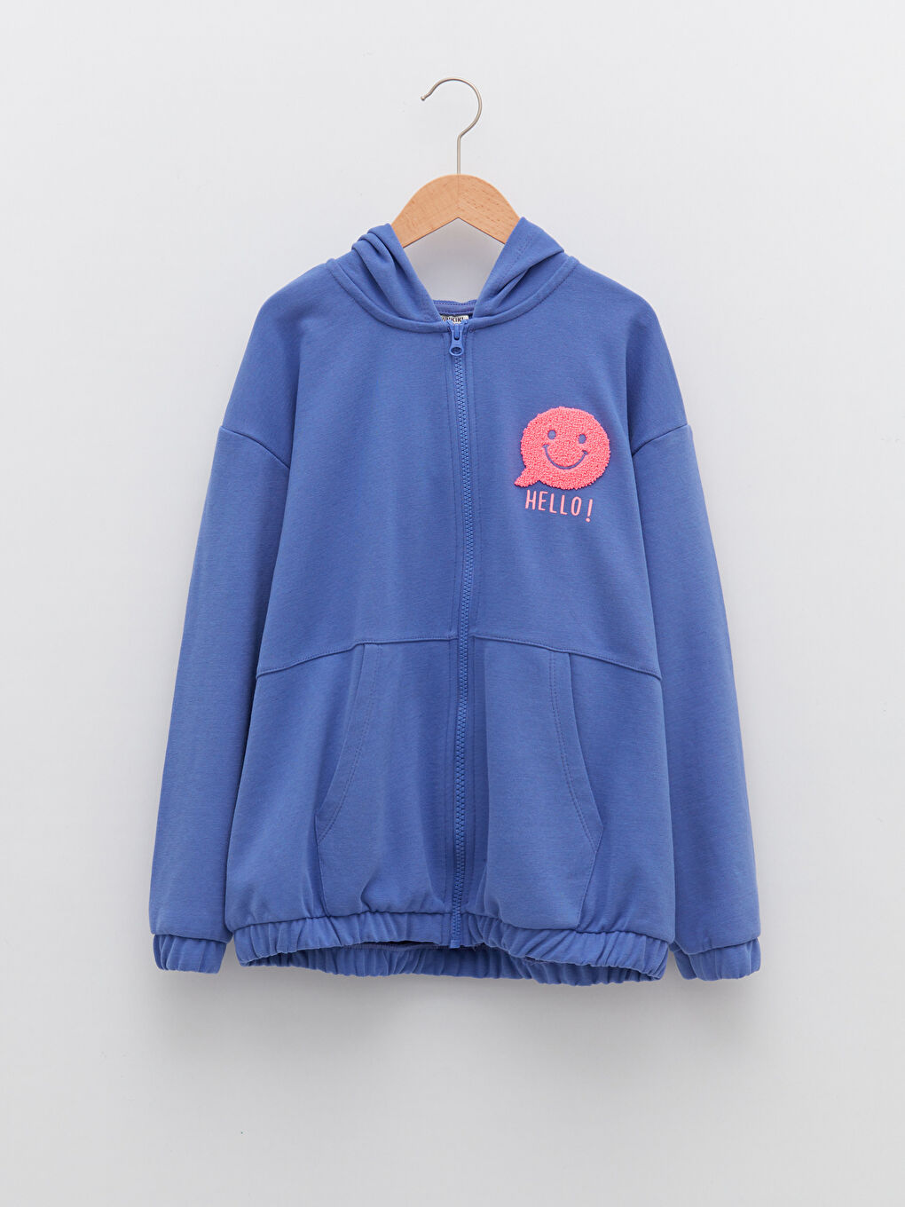 LCW Kids Mavi Kapüşonlu Nakışlı Uzun Kollu Kız Çocuk Fermuarlı Sweatshirt