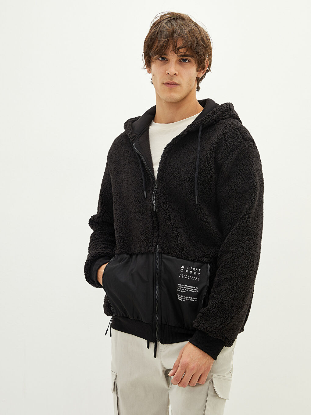 Kapüşonlu Uzun Kollu Fermuarlı Pelüş Erkek Sweatshirt-1