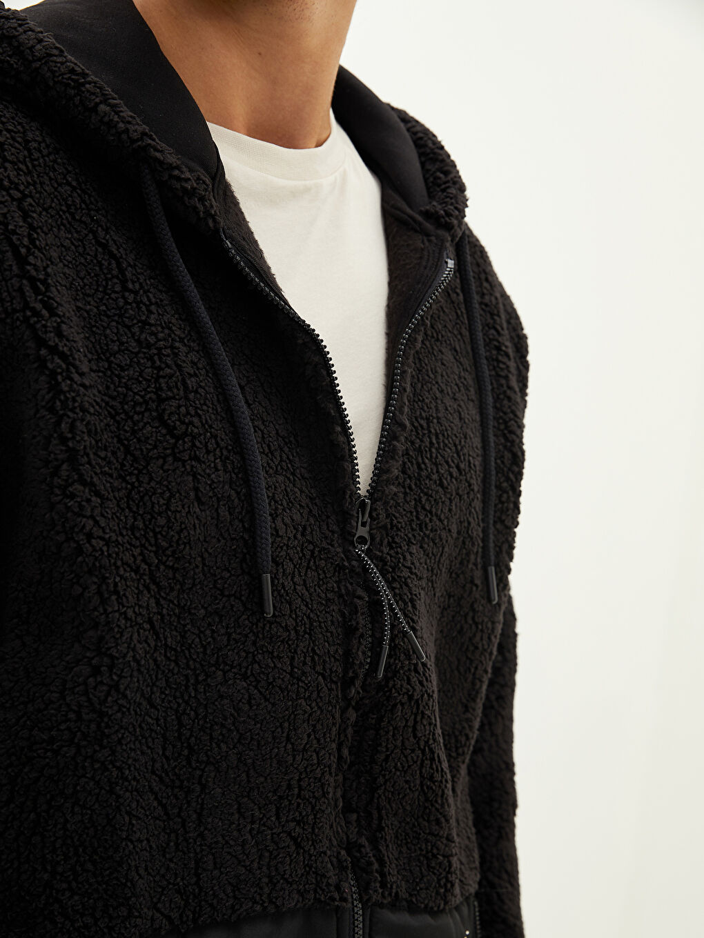 Kapüşonlu Uzun Kollu Fermuarlı Pelüş Erkek Sweatshirt-3