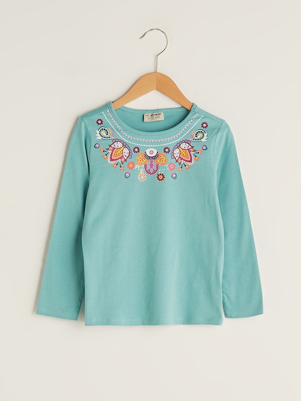 Turkuaz Bisiklet Yaka Baskılı Uzun Kollu Kız Çocuk Tişört
