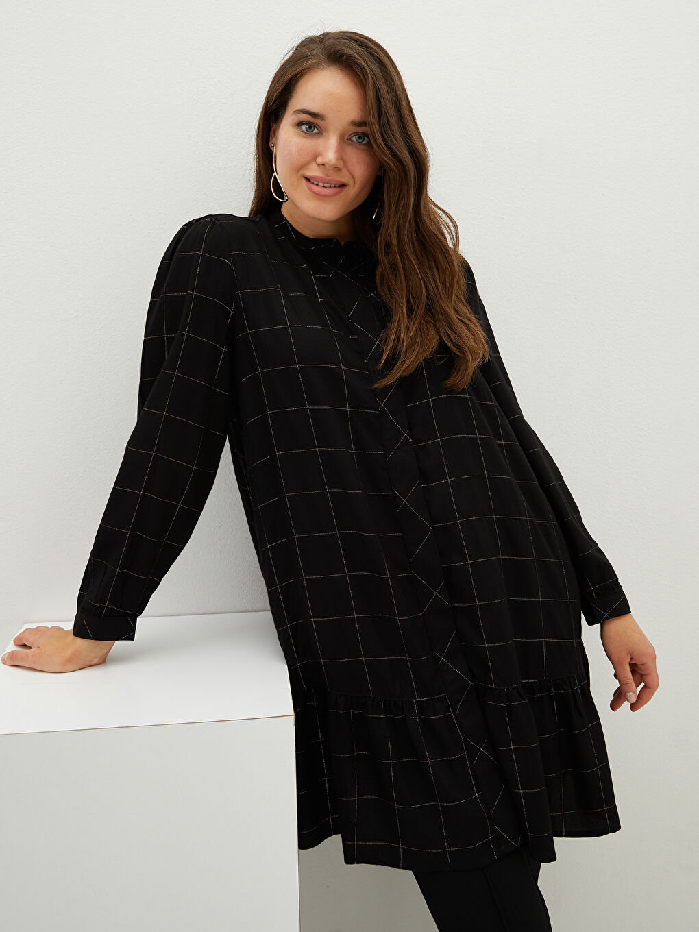 Crew Neck Plaid Long Sleeve Women's Tunic