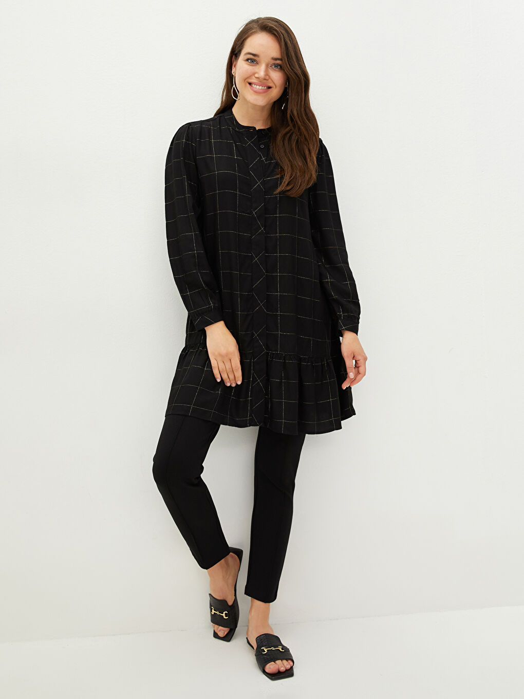 Crew Neck Plaid Long Sleeve Women's Tunic-2