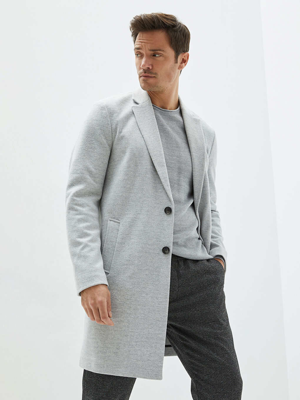 Gri Standart Kalıp Ceket Yaka Kalın Erkek Kaşe Kaban