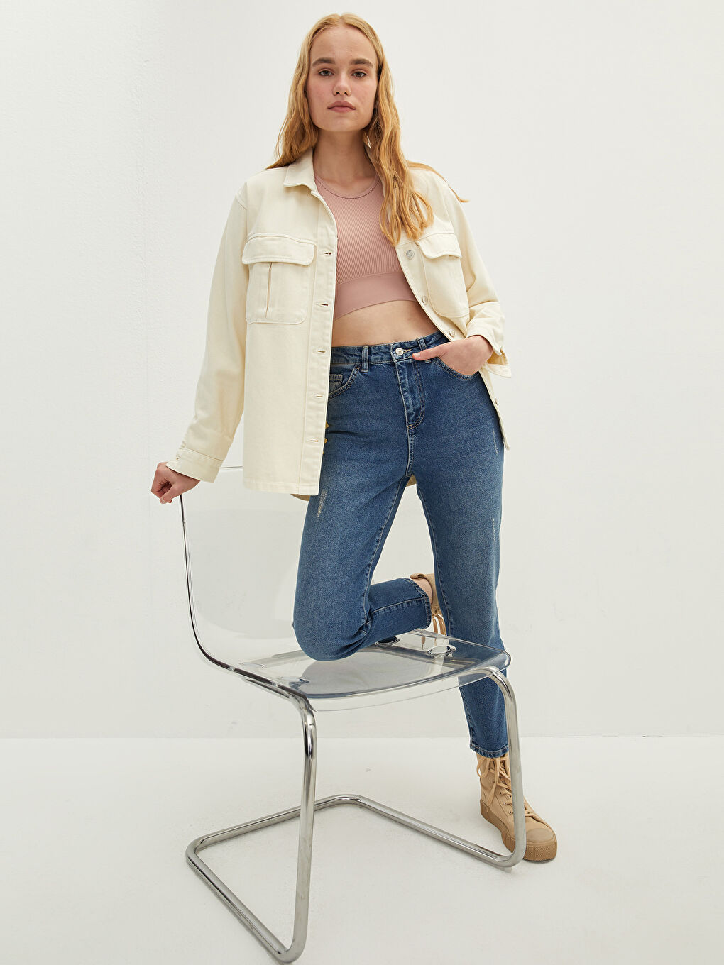 High Waisted Straight Fit Pocket Detailed Women's Rodeo Denim Trousers