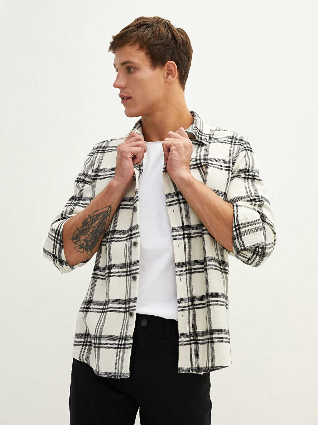 قميص فلانيل رجالي بنقشة مربعات وأكمام طويلة وقصة عادية-3