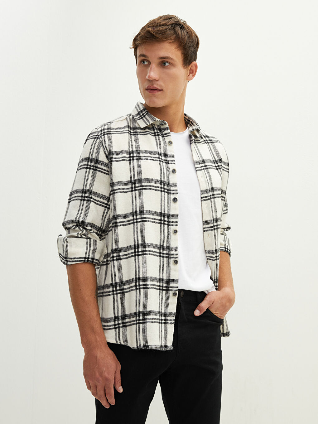 قميص فلانيل رجالي بنقشة مربعات وأكمام طويلة وقصة عادية-1