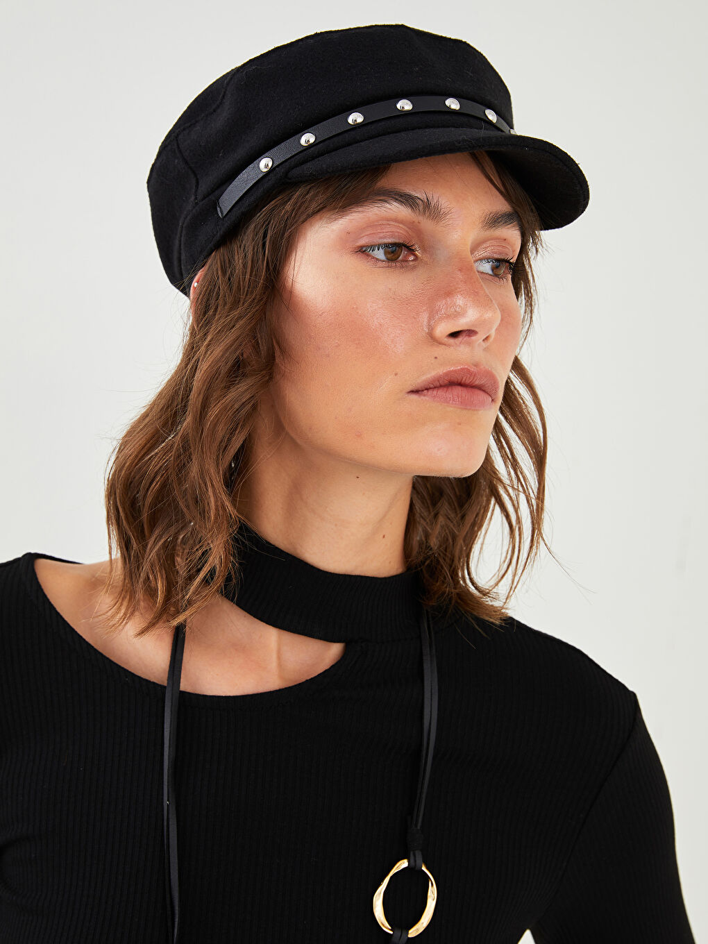 Siyah Kaşe Kadın Denizci Şapka-4