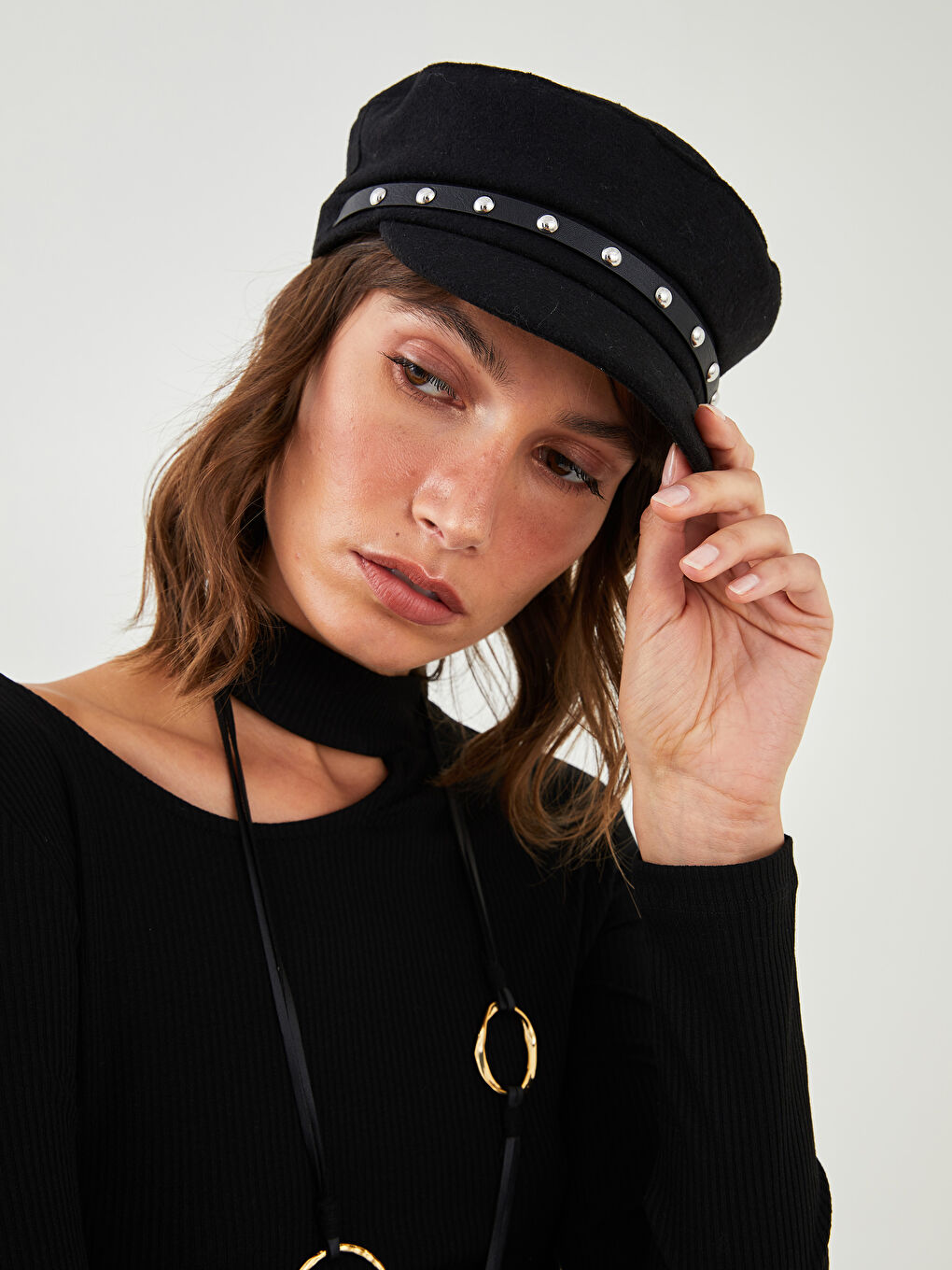 Siyah Kaşe Kadın Denizci Şapka-2